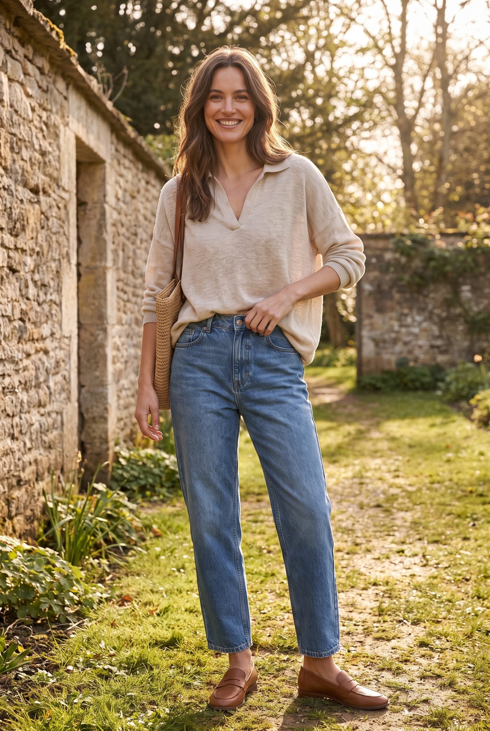 Woman in a courtyard wearing high-waist jeans with a relaxed smooth waistband and a loosely tucked knit top.