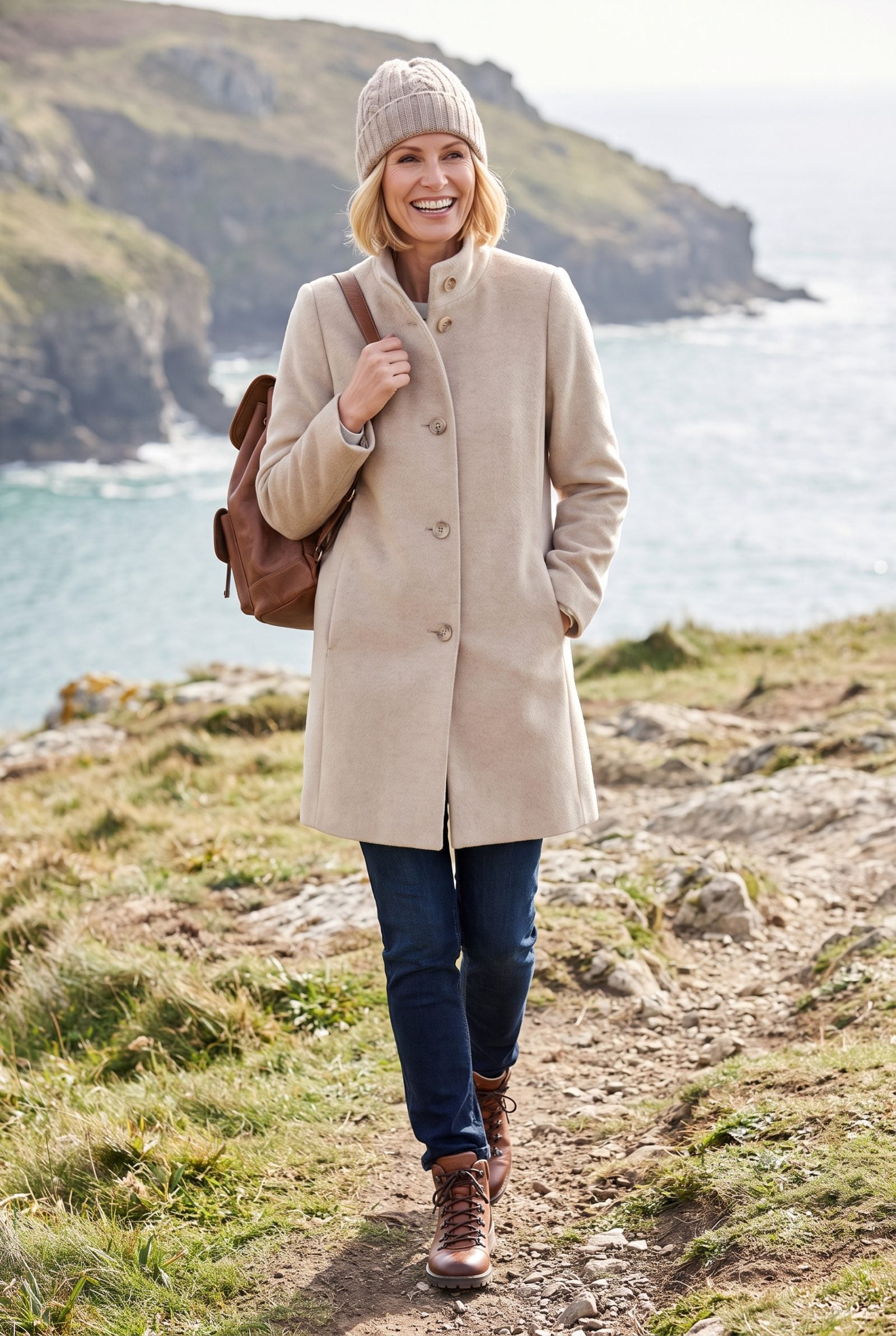 Cream teddy-fleece coat with a shawl collar and tie belt hanging on a wooden peg, scarf on the next peg.