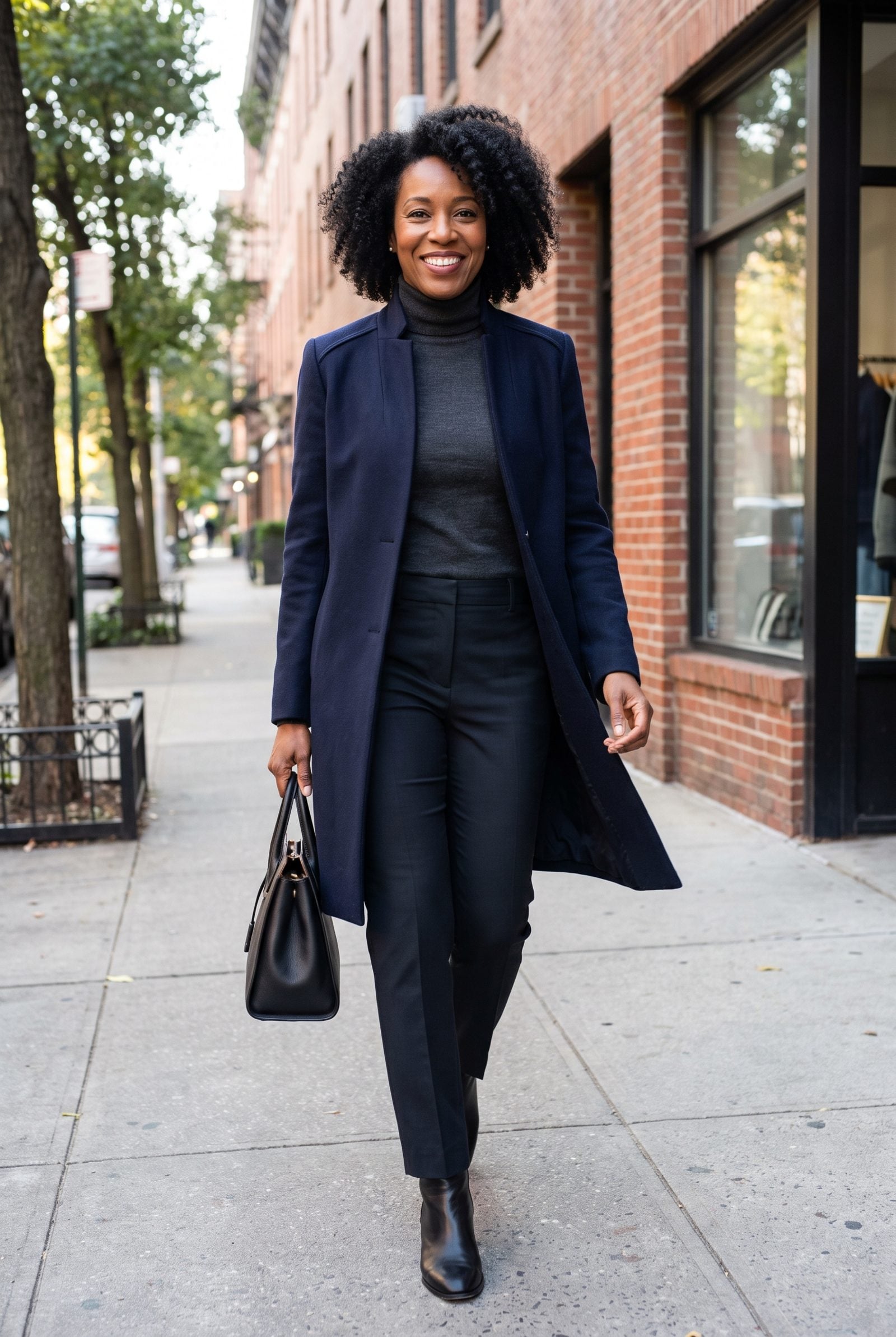 Woman on a sidewalk wearing a navy wool coat with a defined structured shoulder seam, worn open over a gray turtleneck.