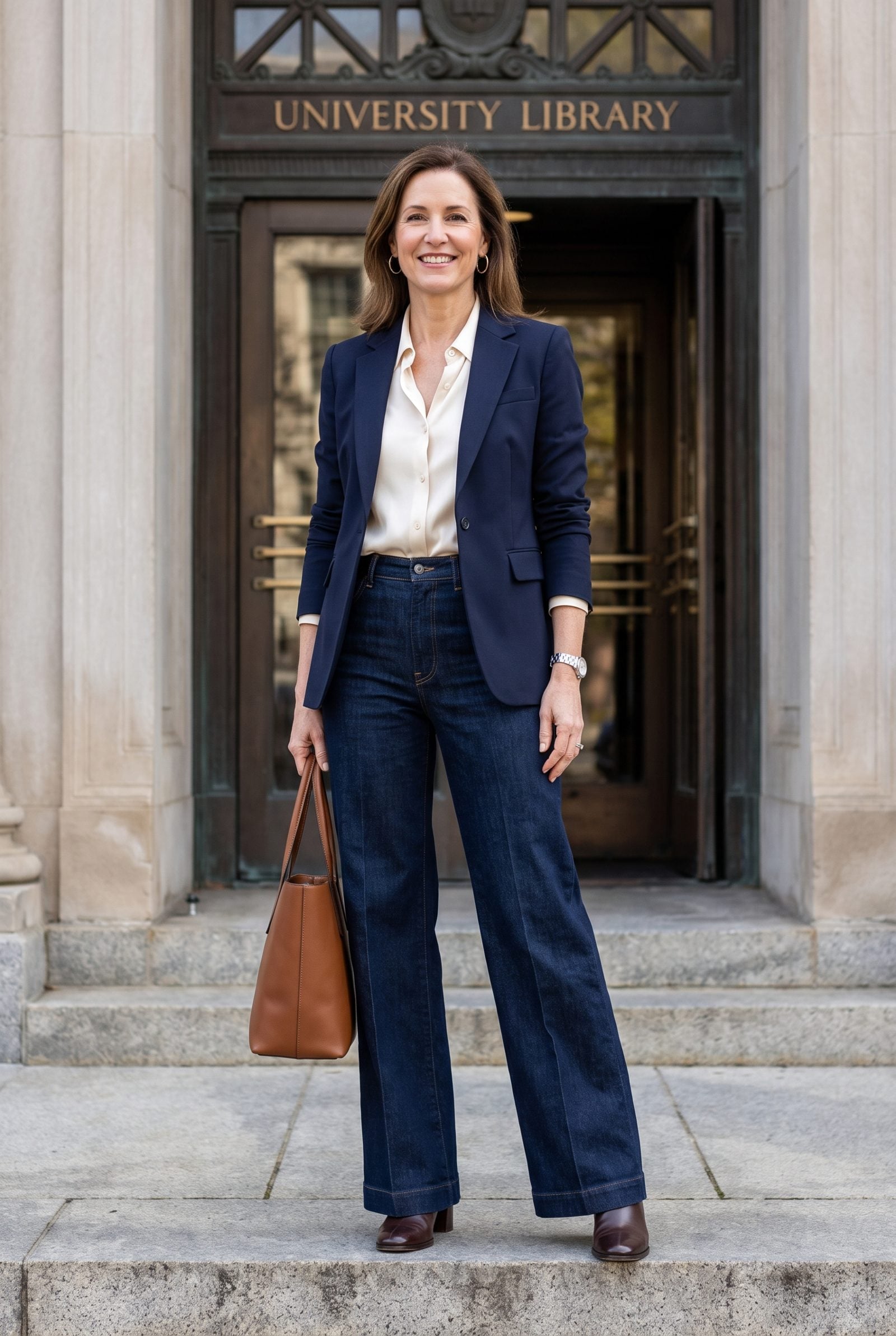 Woman aged around 52 walking across a plaza in high-rise wide-leg dark denim with a vertical crease and a tucked cream knit