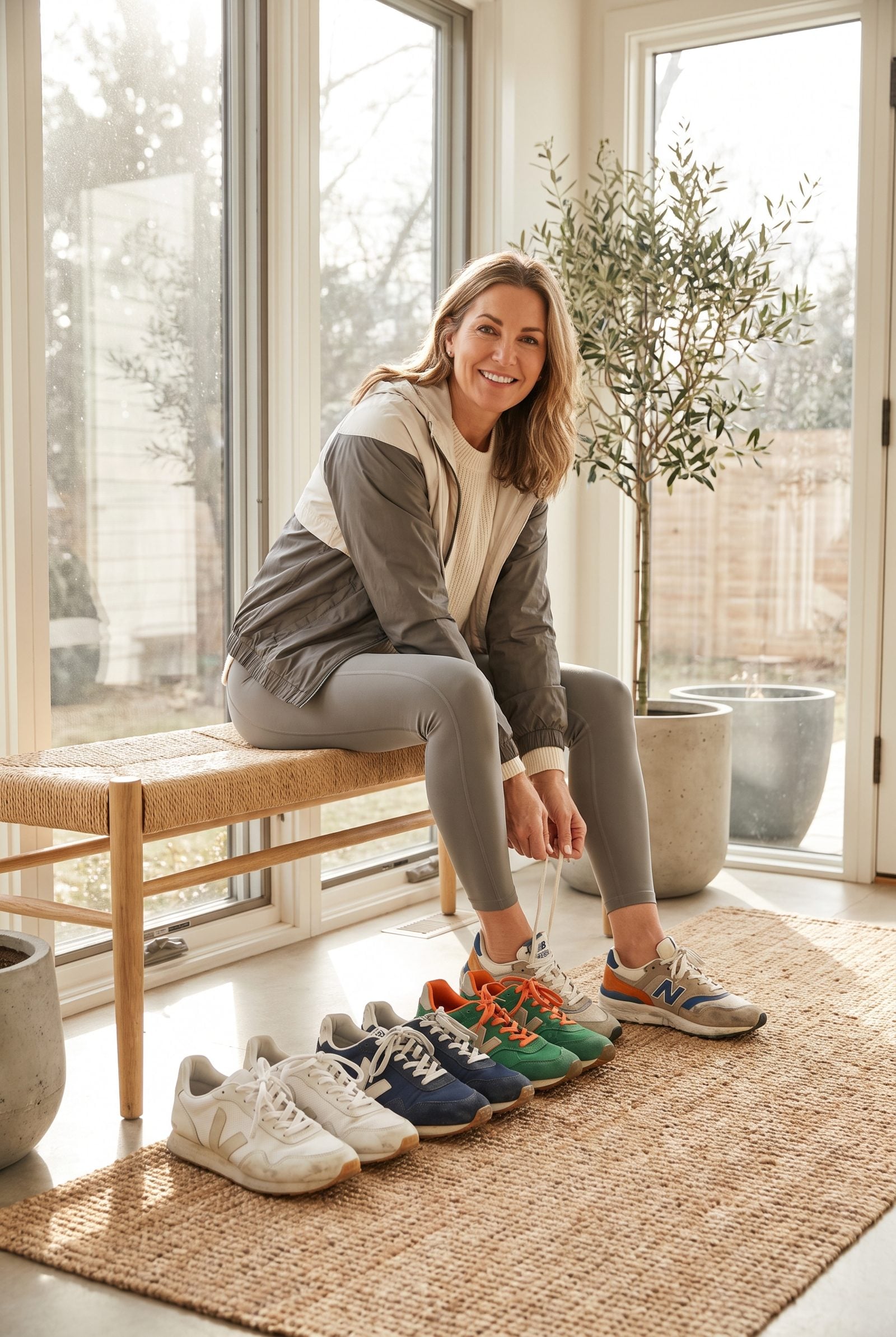Entry shoe rack with six pairs of sneakers in two rows, one pair worn down on the outer heel edge.