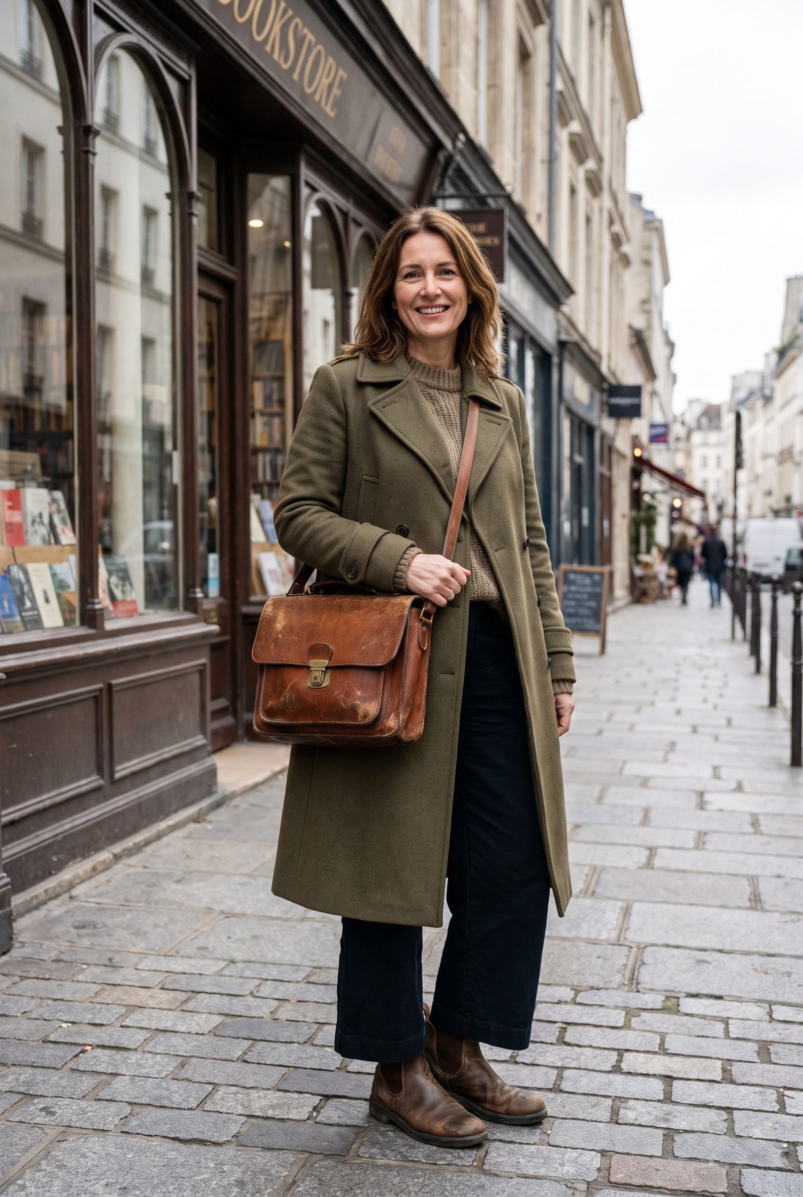 Worn brown leather satchel with softened corners and a darkened strap set on a wooden bench by a door.