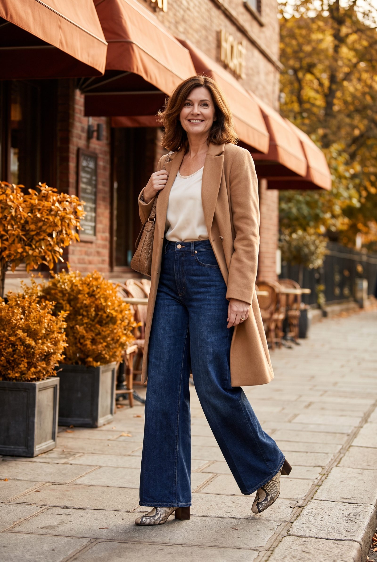 Wide-Leg Dark Denim With Snakeskin Ankle Boots