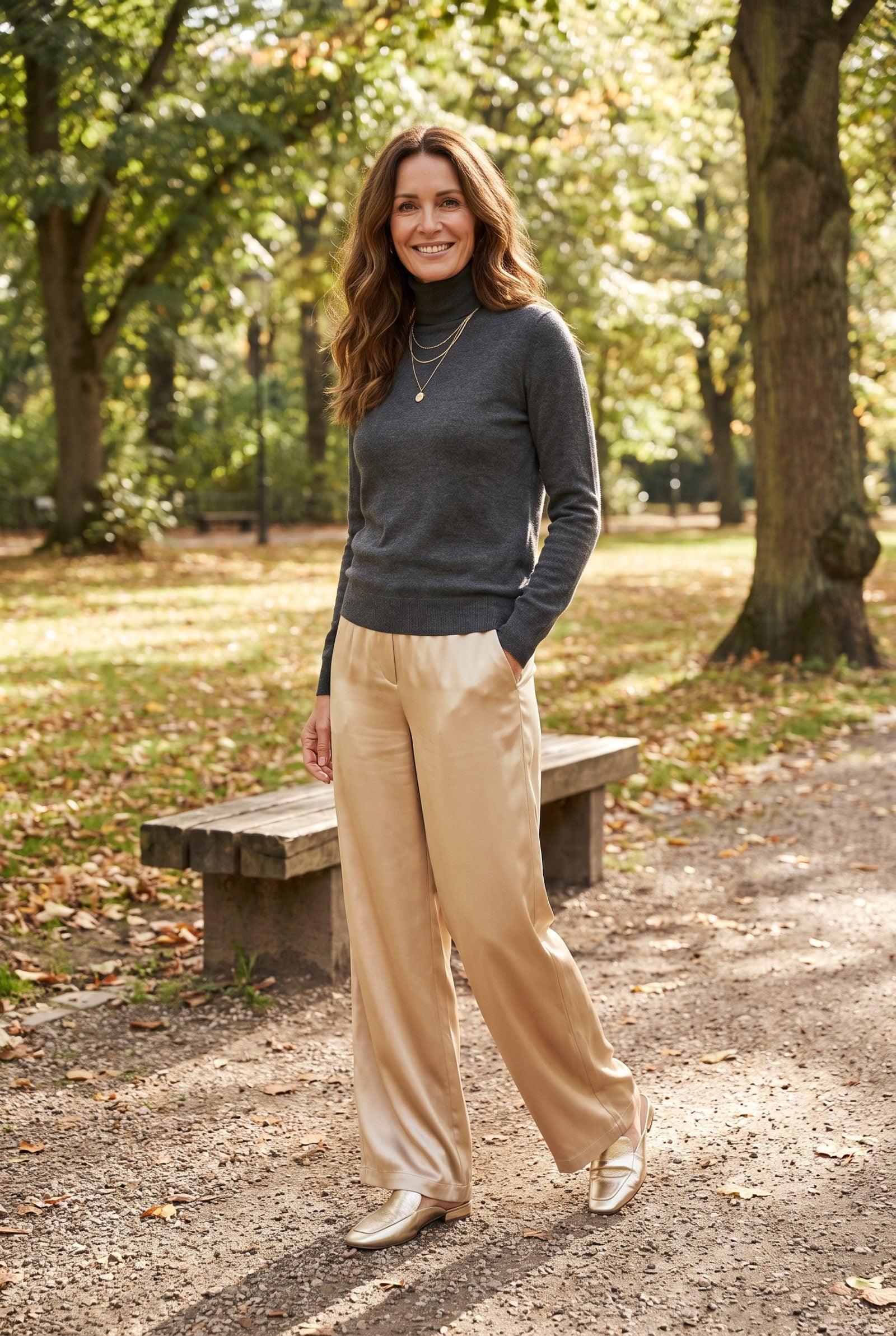Wide-Leg Satin Trousers With a Cashmere Turtleneck