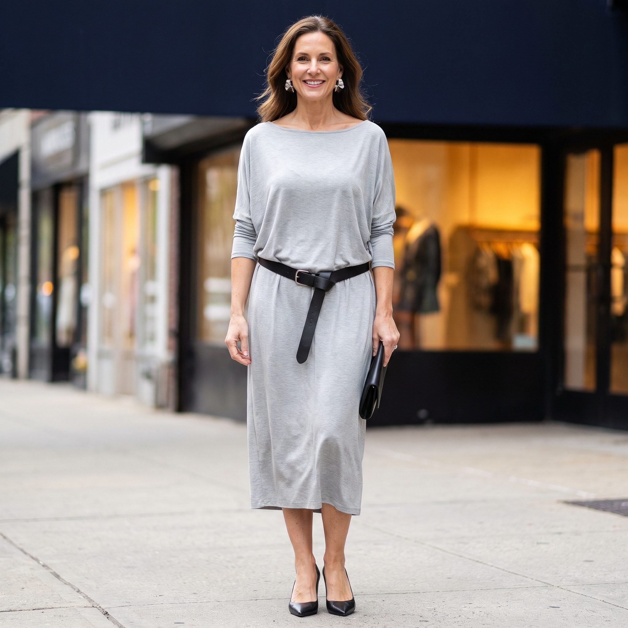 Wide black low-hip belt on a silver-gray jersey evening dress