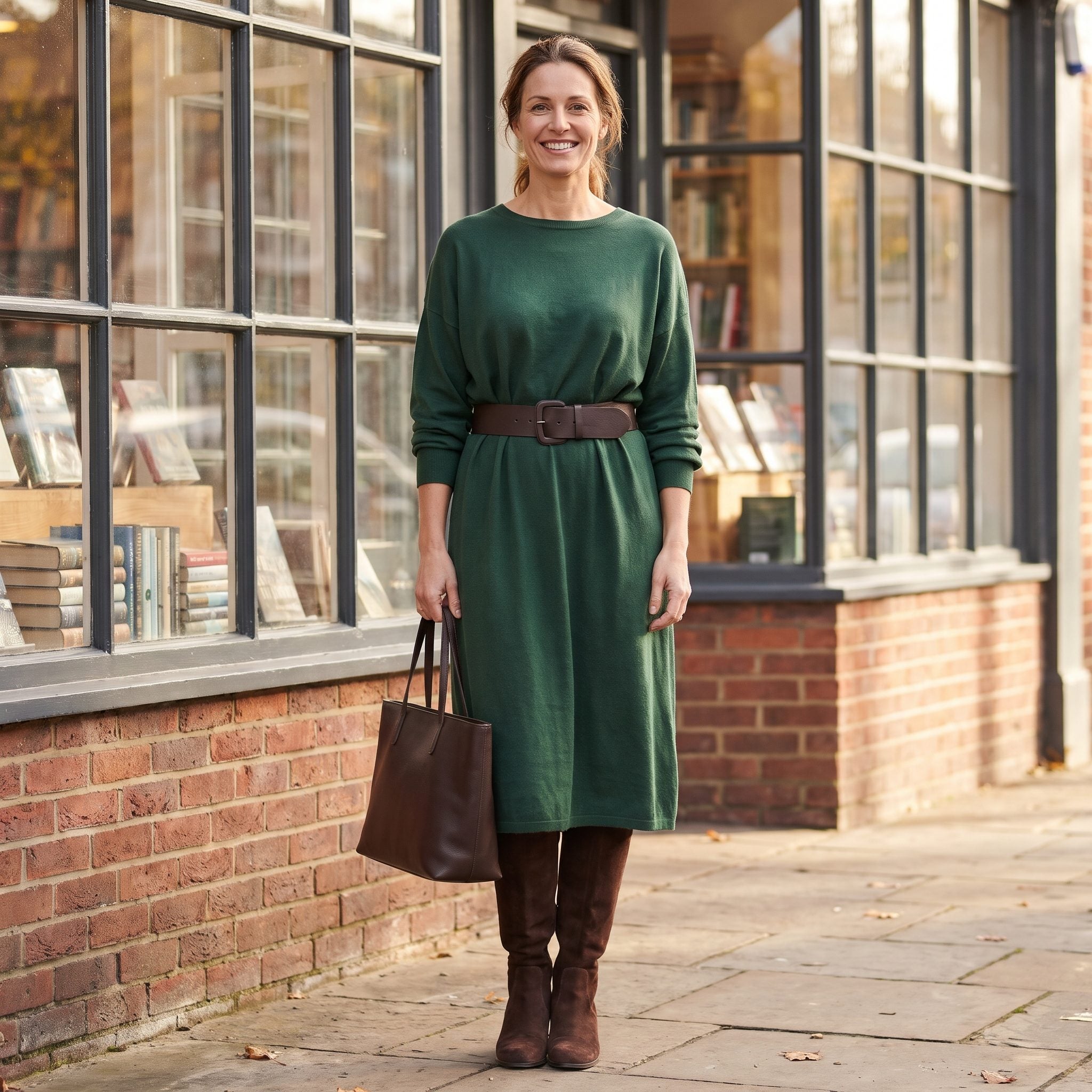 Forest-green knit dress with a wide brown belt and knee-high boots
