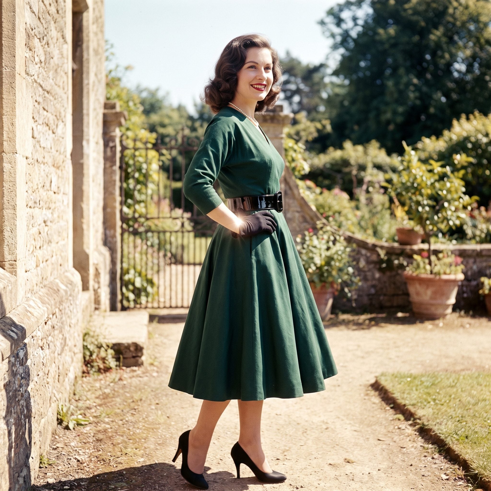Wide 1950s waist belt emphasizing an hourglass silhouette
