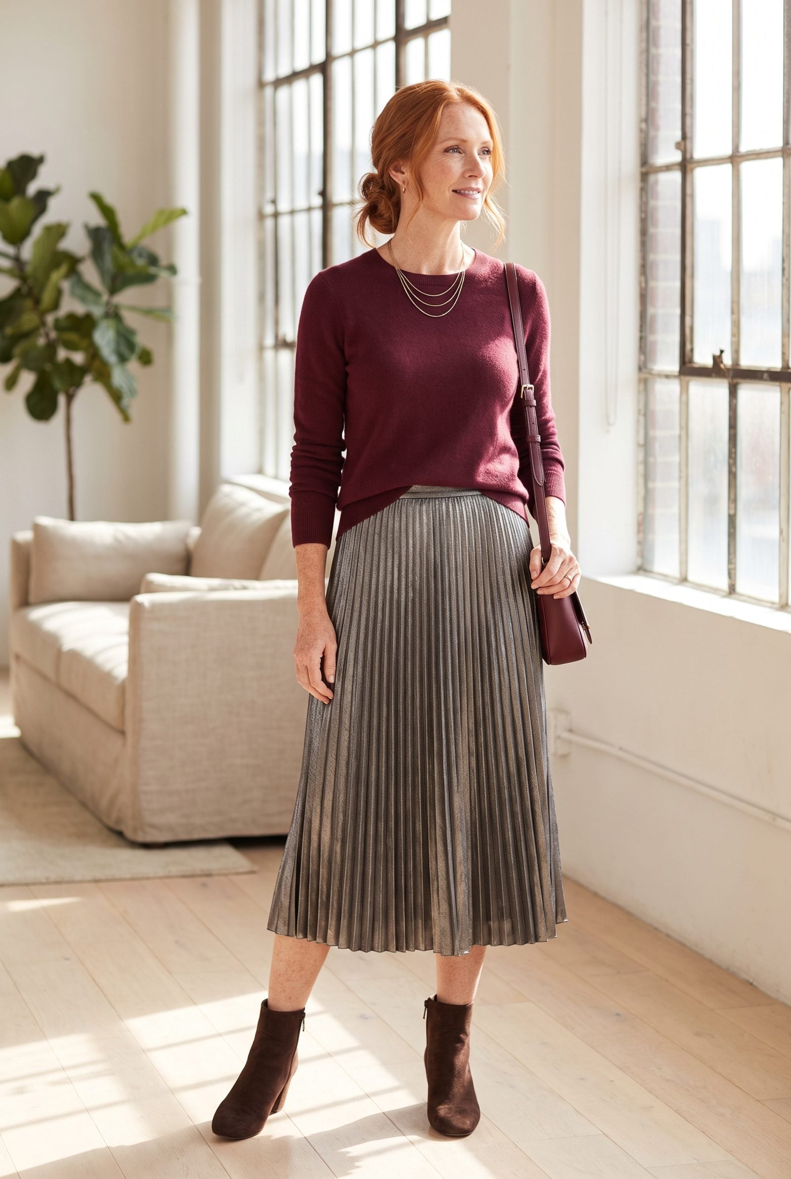 Wine Cashmere Sweater With a Pewter Pleated Skirt