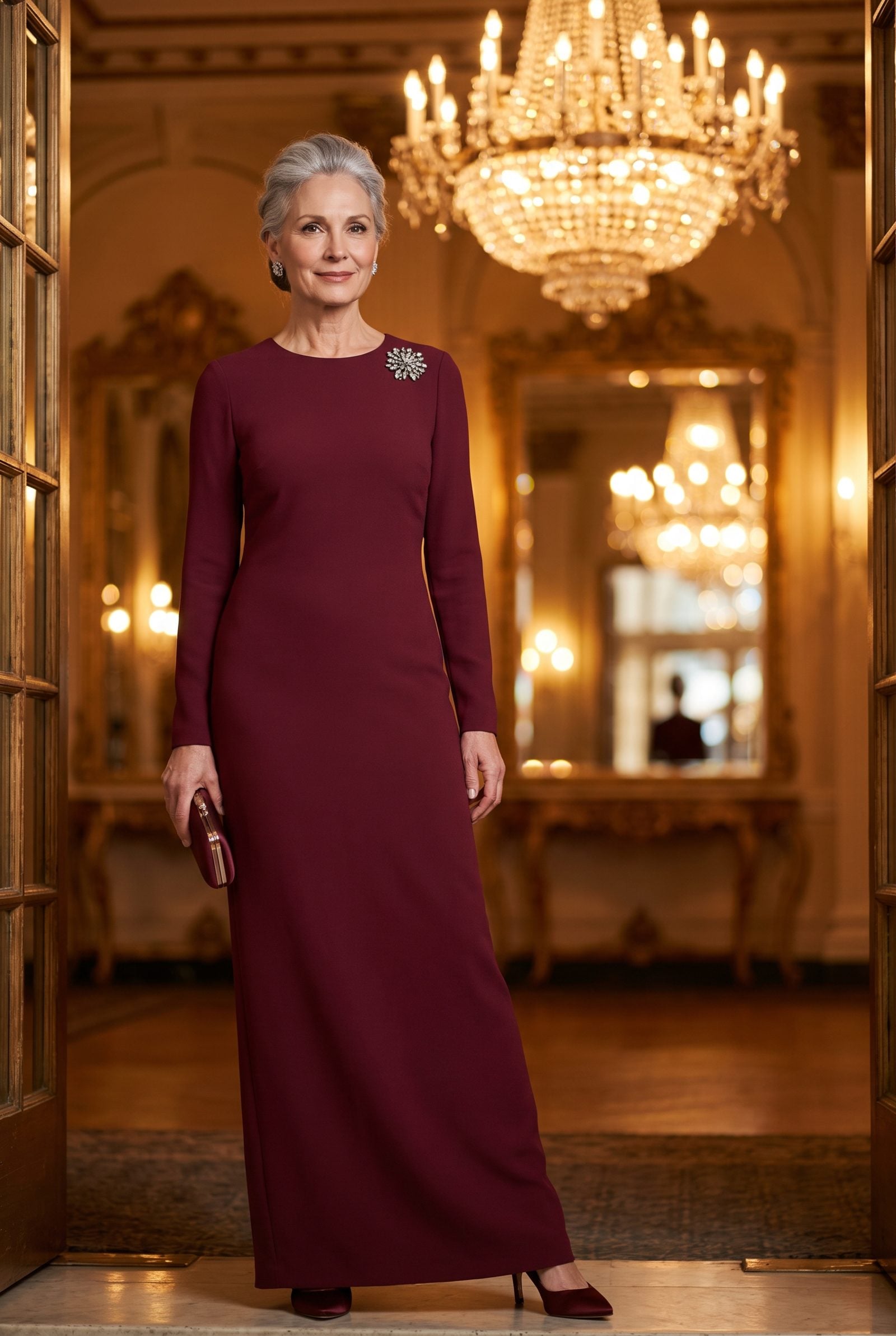 Wine Column Dress With a Crystal Brooch