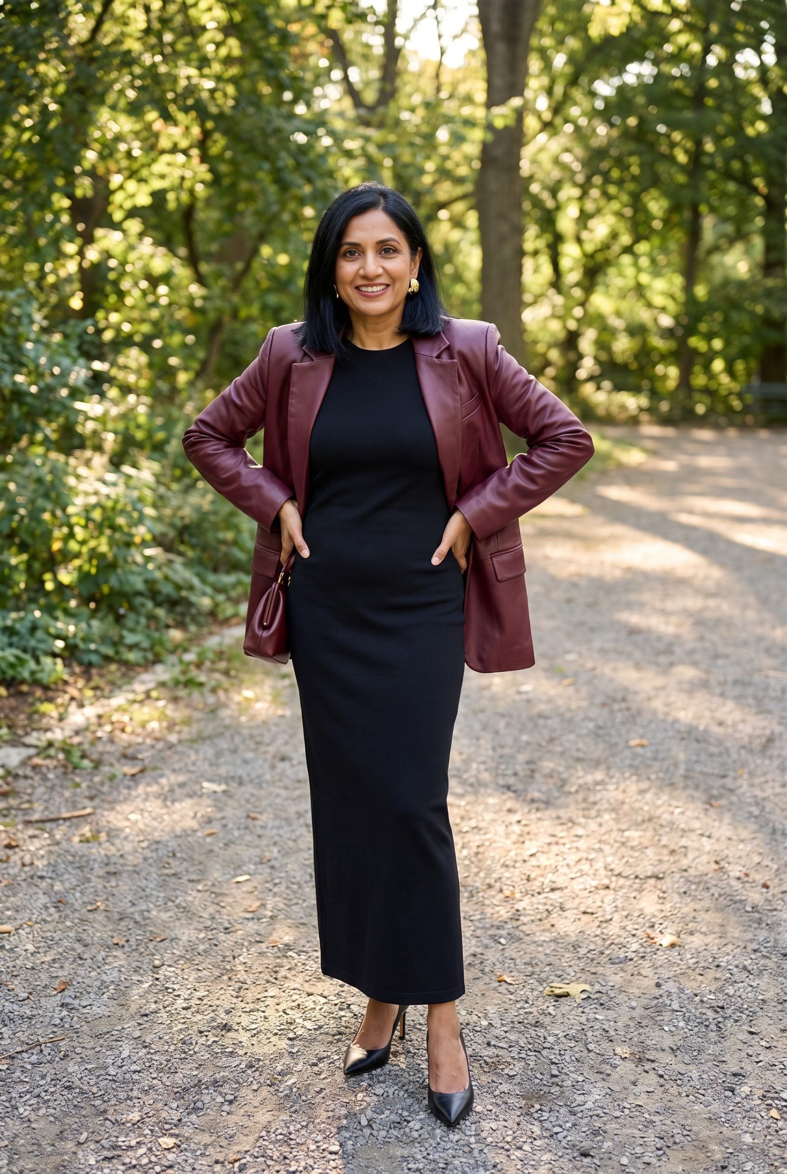 Wine Leather Blazer With a Black Column Dress