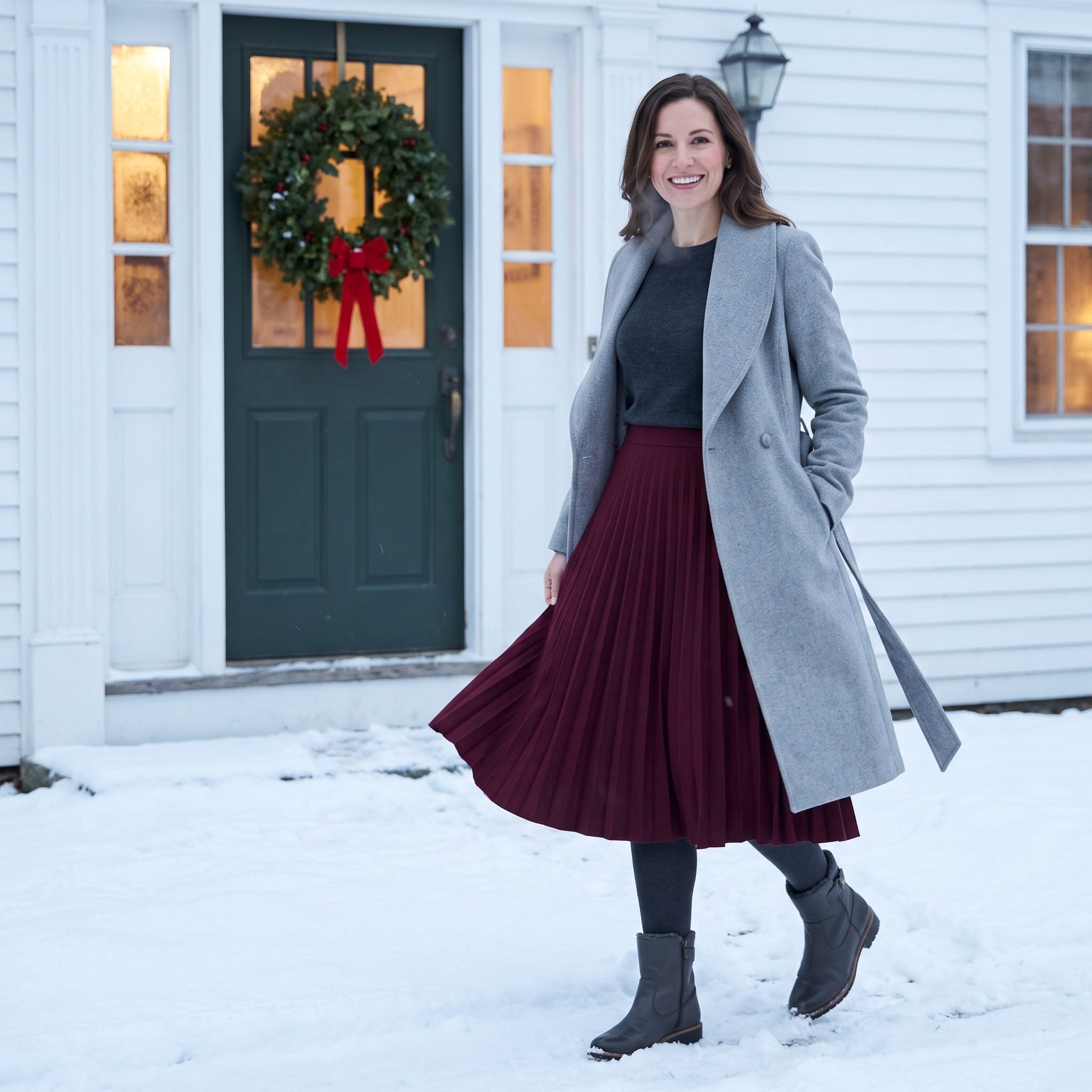 Wine-colored pleated midi skirt with gray wrap coat and charcoal boots
