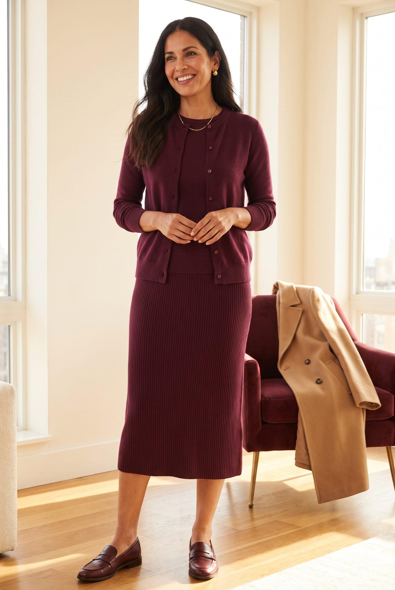 Wine Sweater Set With a Matching Knit Midi