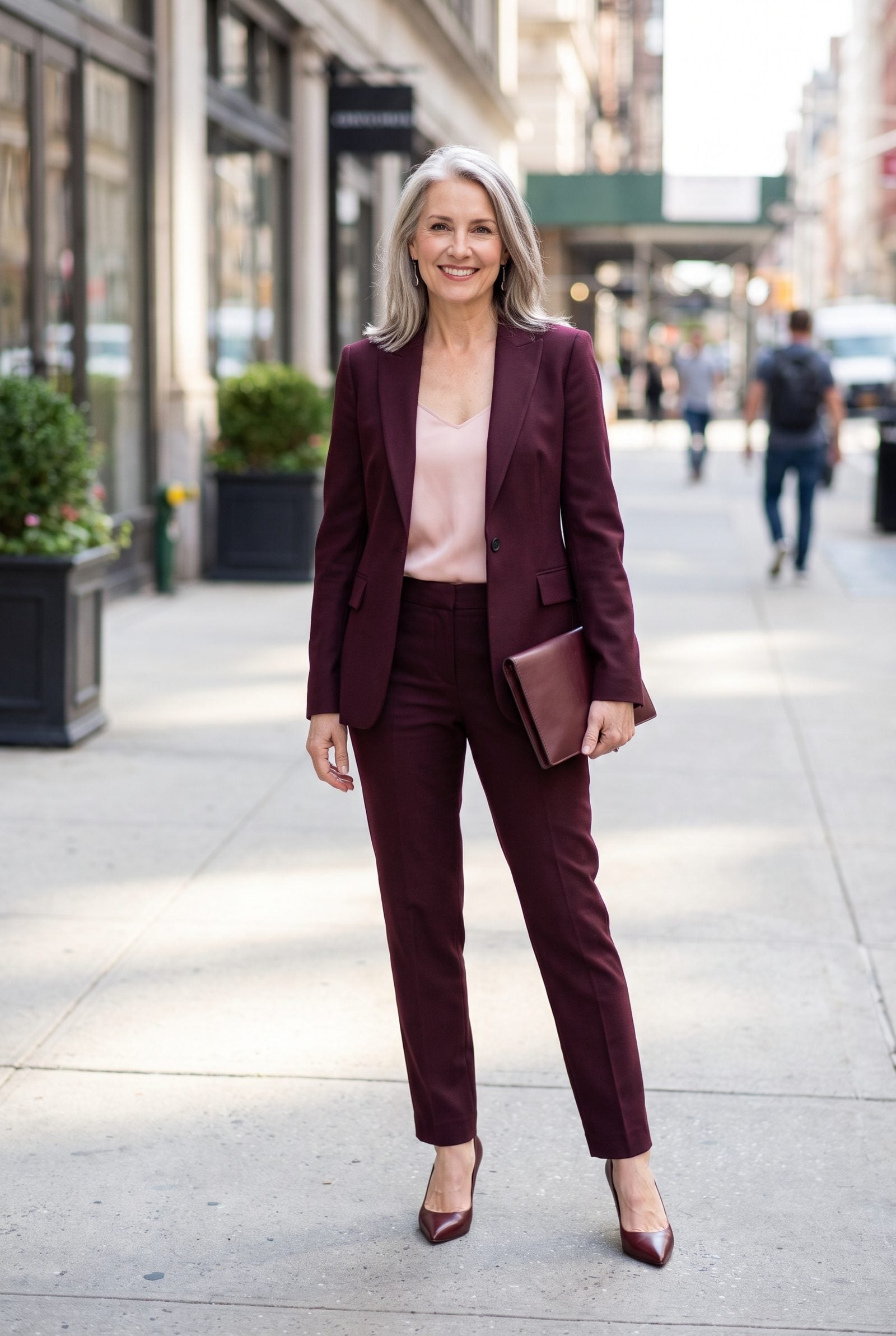 Wine Trouser Suit With a Blush-Pink Shell