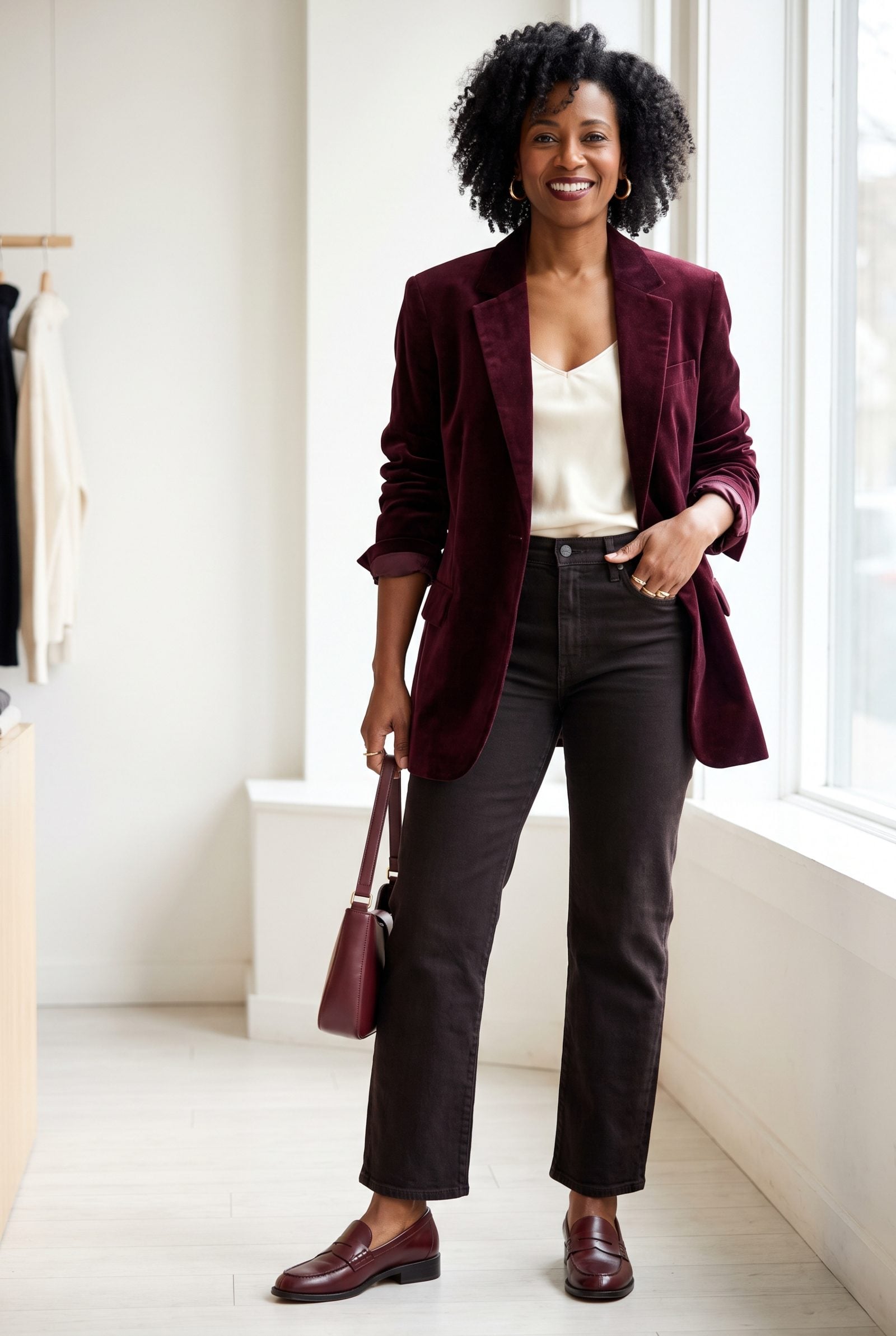 Wine Velvet Blazer With Dark Straight-Leg Jeans