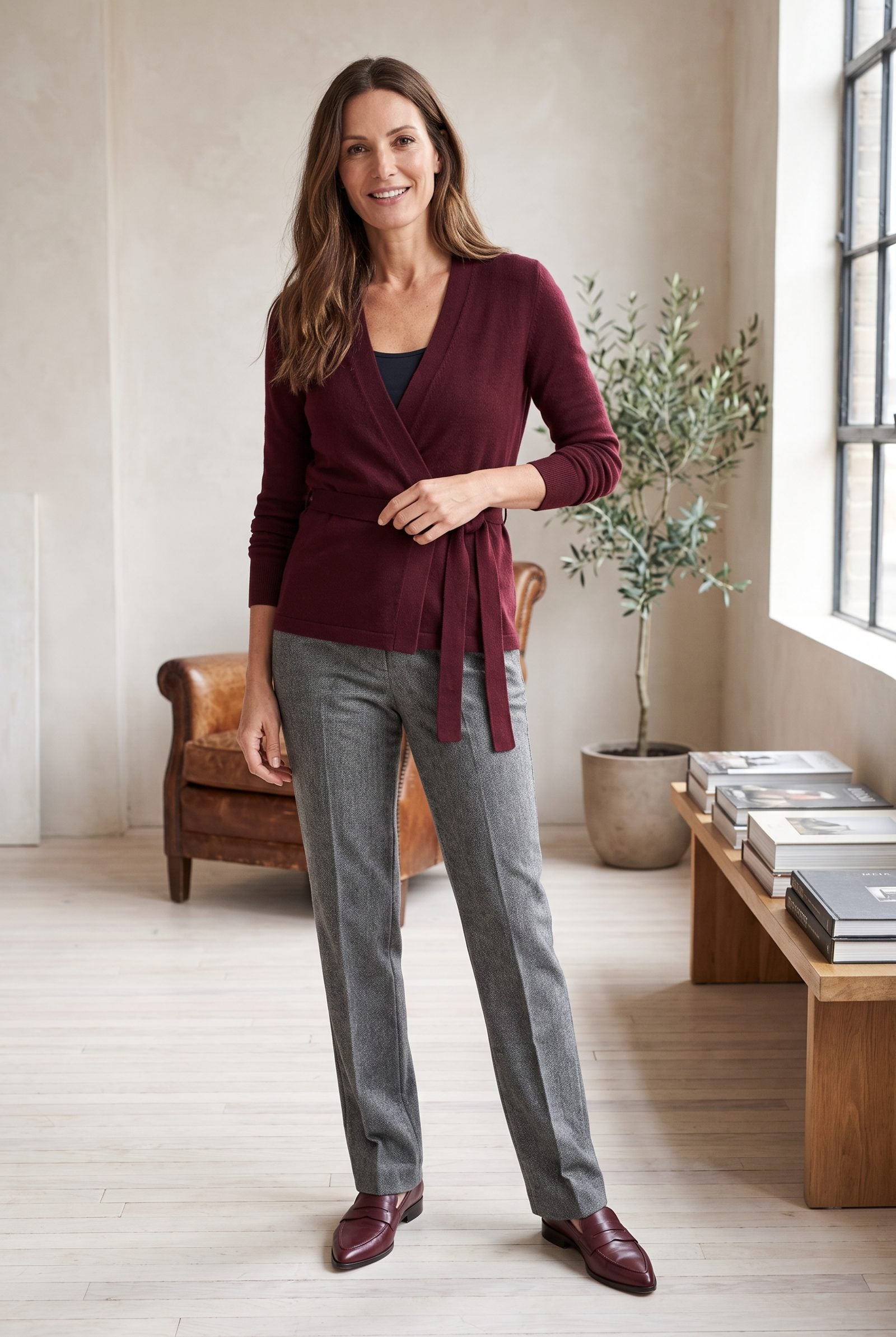 Wine Wrap Cardigan + Gray Herringbone Trousers