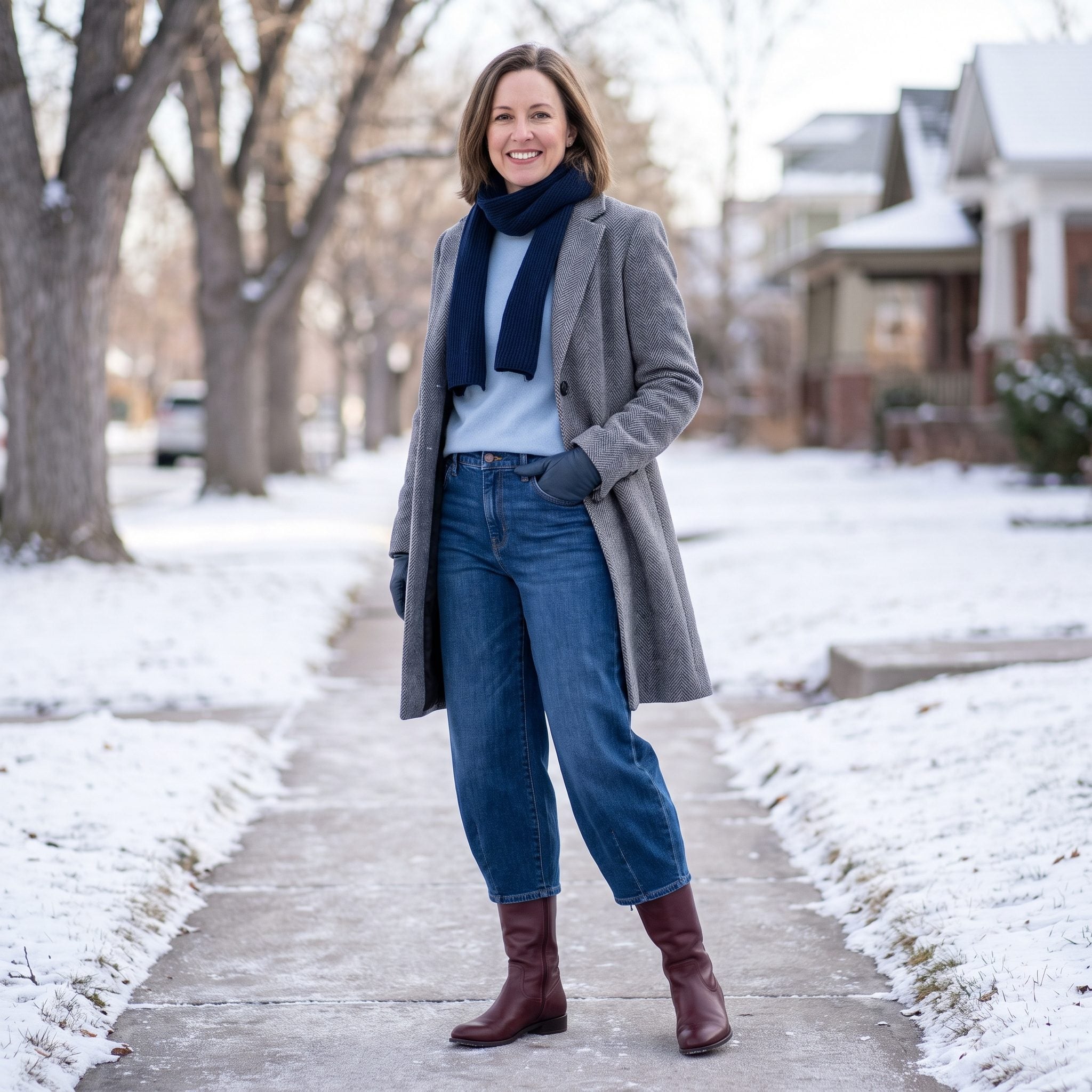 Winter outfit with cropped barrel jeans, burgundy mid-calf boots, and a gray herringbone coat