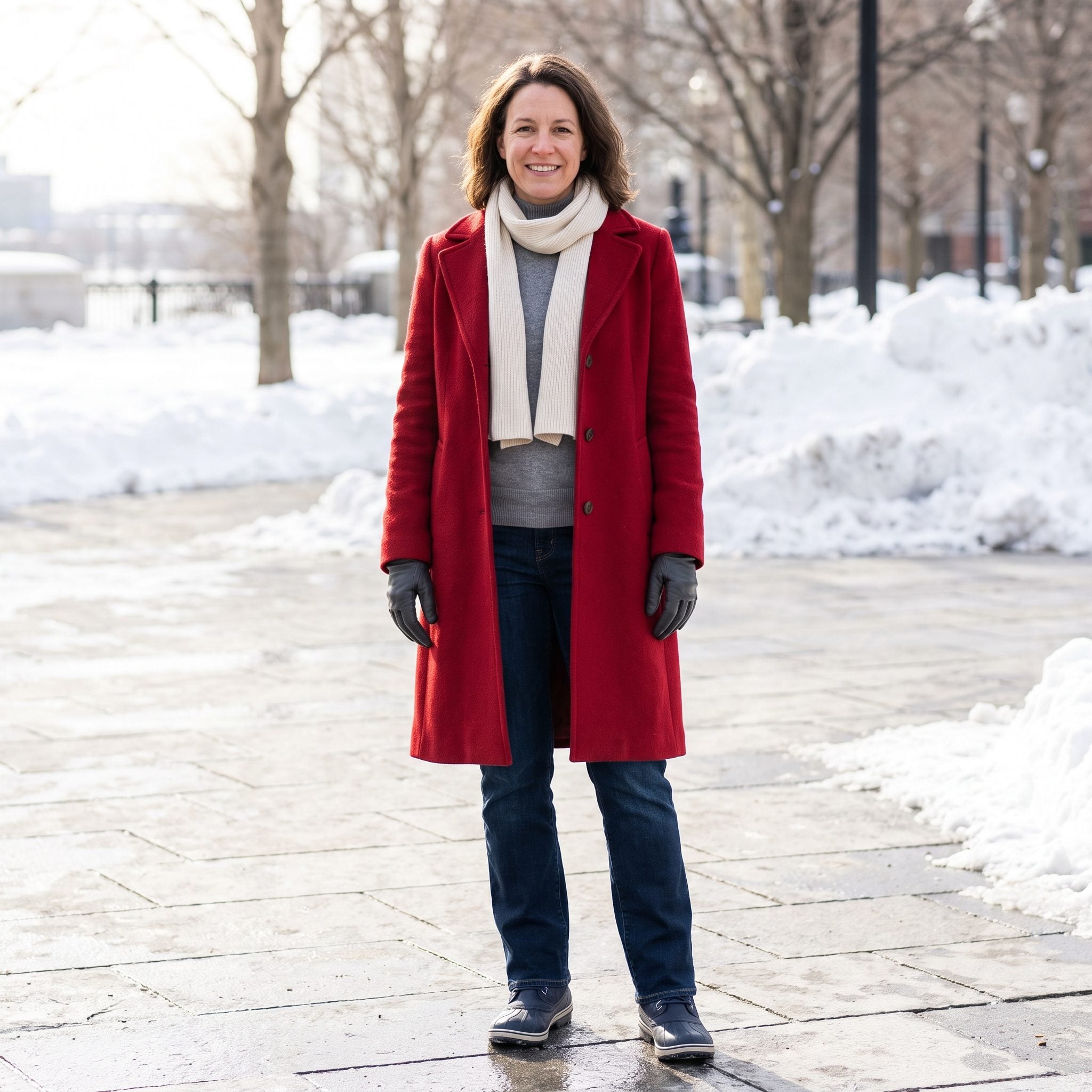 Winter outfit with dark straight-leg jeans, a red wool coat, and a cream scarf
