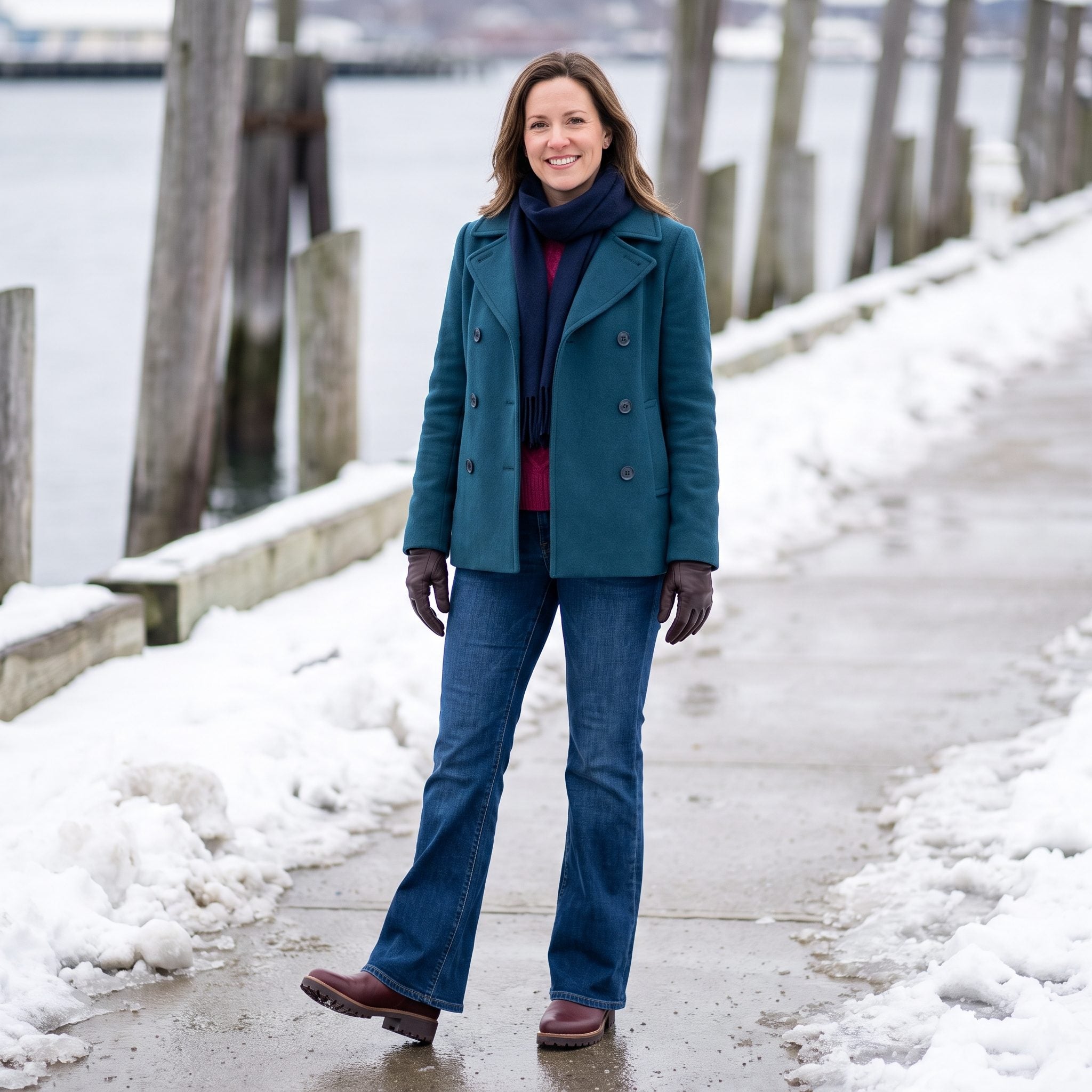 Winter outfit with deep-blue bootcut jeans, a teal peacoat, and burgundy boots