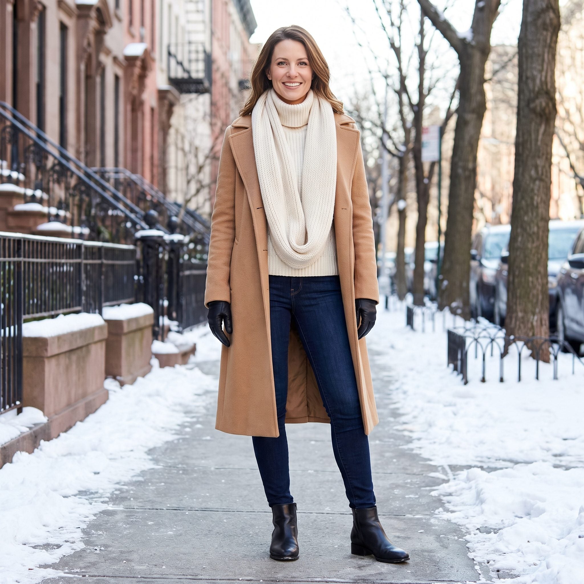 Winter outfit with fitted indigo jeans, a long camel coat, and cream knitwear