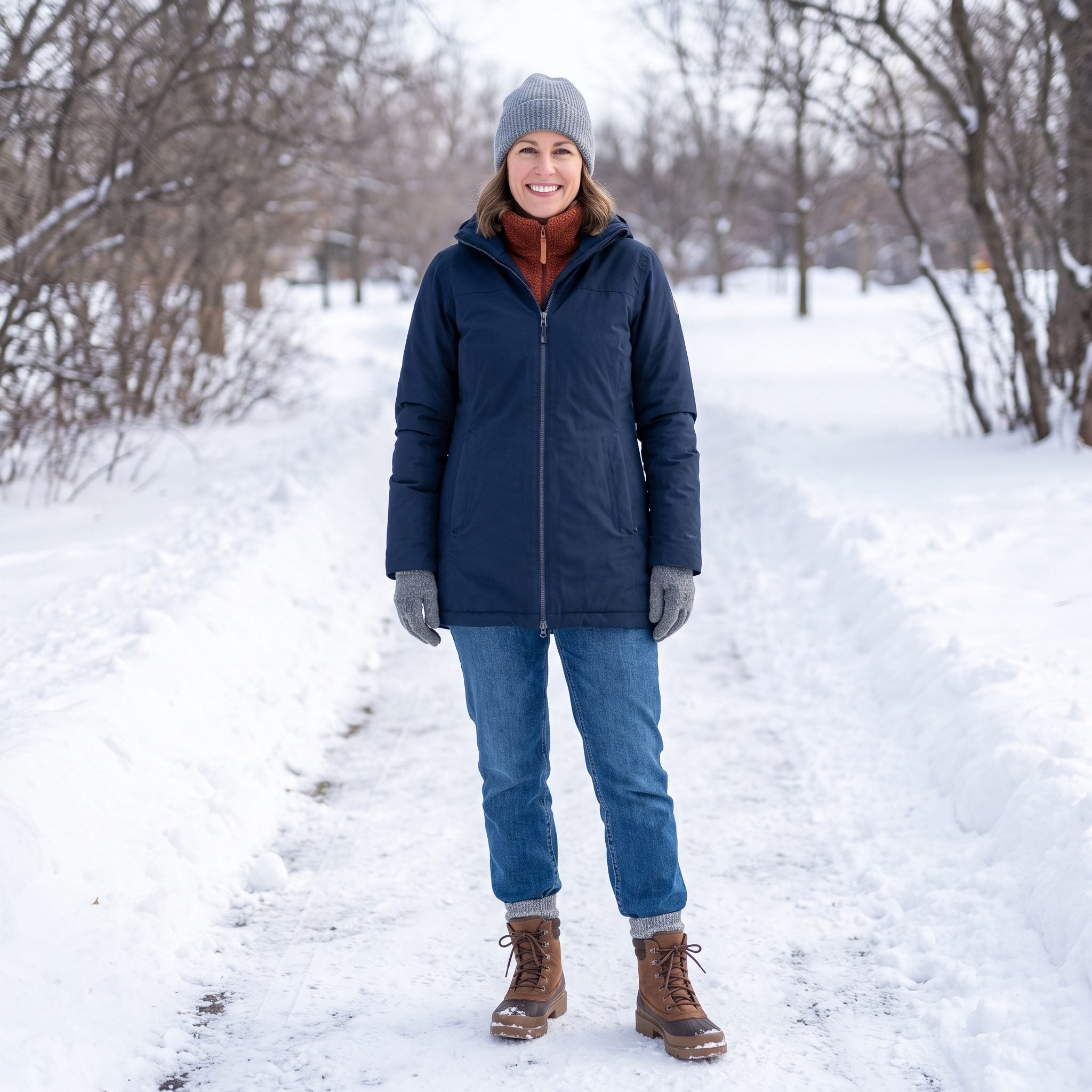 Winter outfit with heavyweight straight jeans, a navy technical parka, and rust fleece