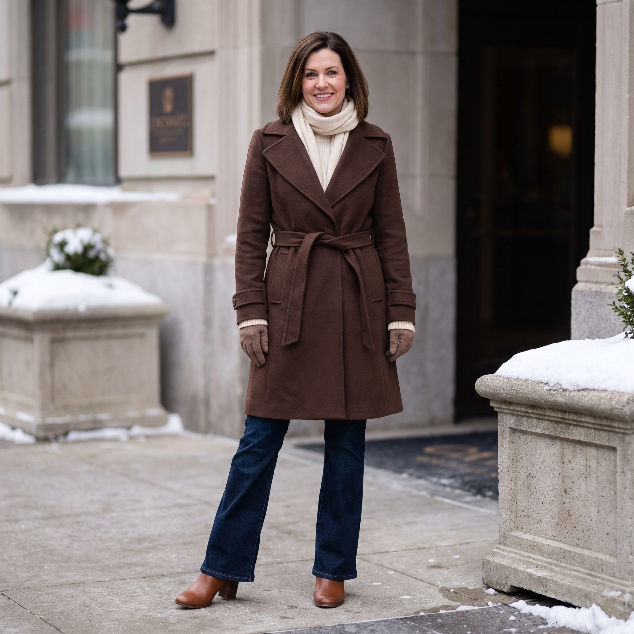 Winter outfit with indigo flare jeans, a belted chocolate wool coat, and chestnut boots