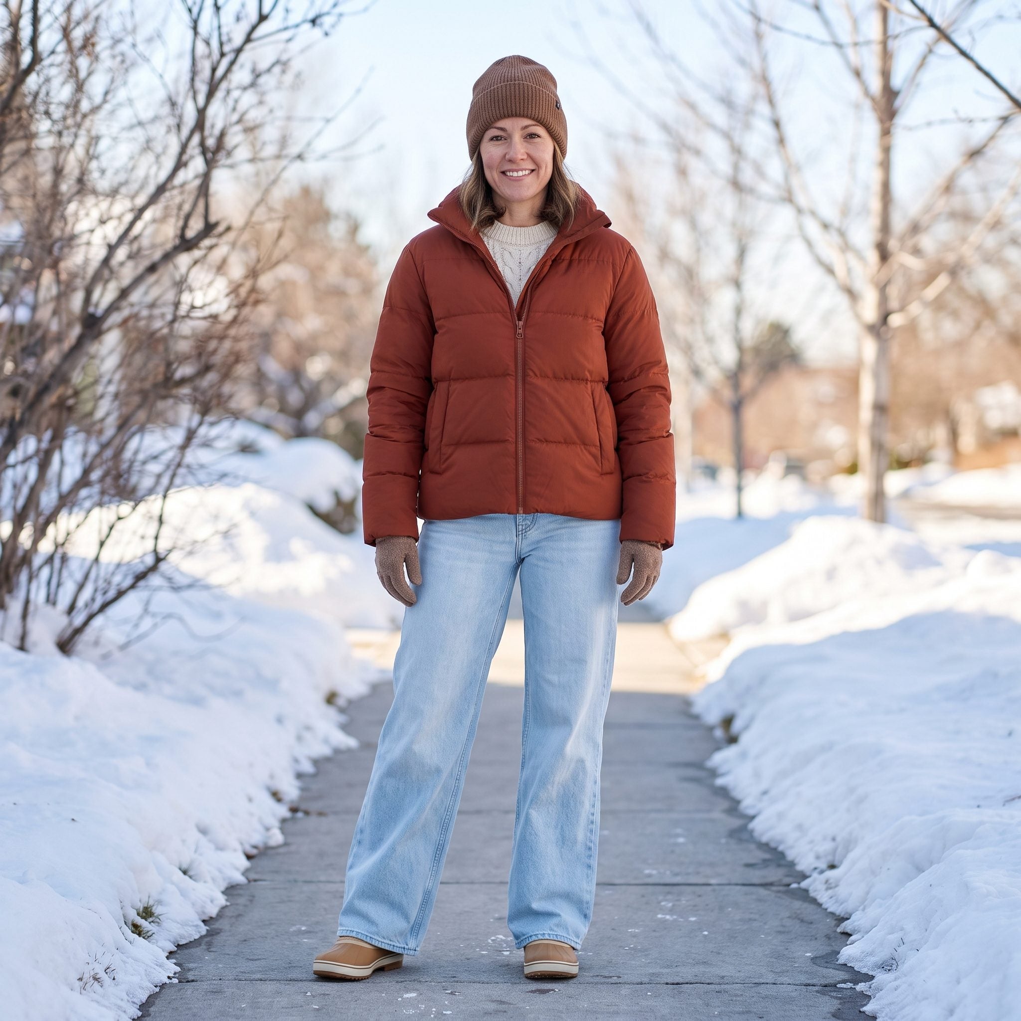 Winter outfit with pale wide-leg jeans, a rust puffer jacket, and tan boots