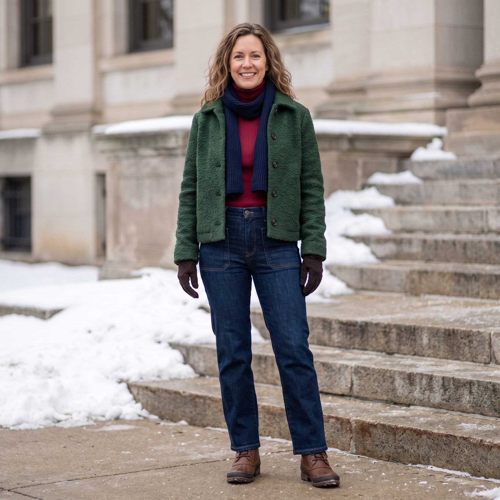 Winter outfit with patch-pocket straight jeans, a forest-green bouclé jacket, and cranberry accents