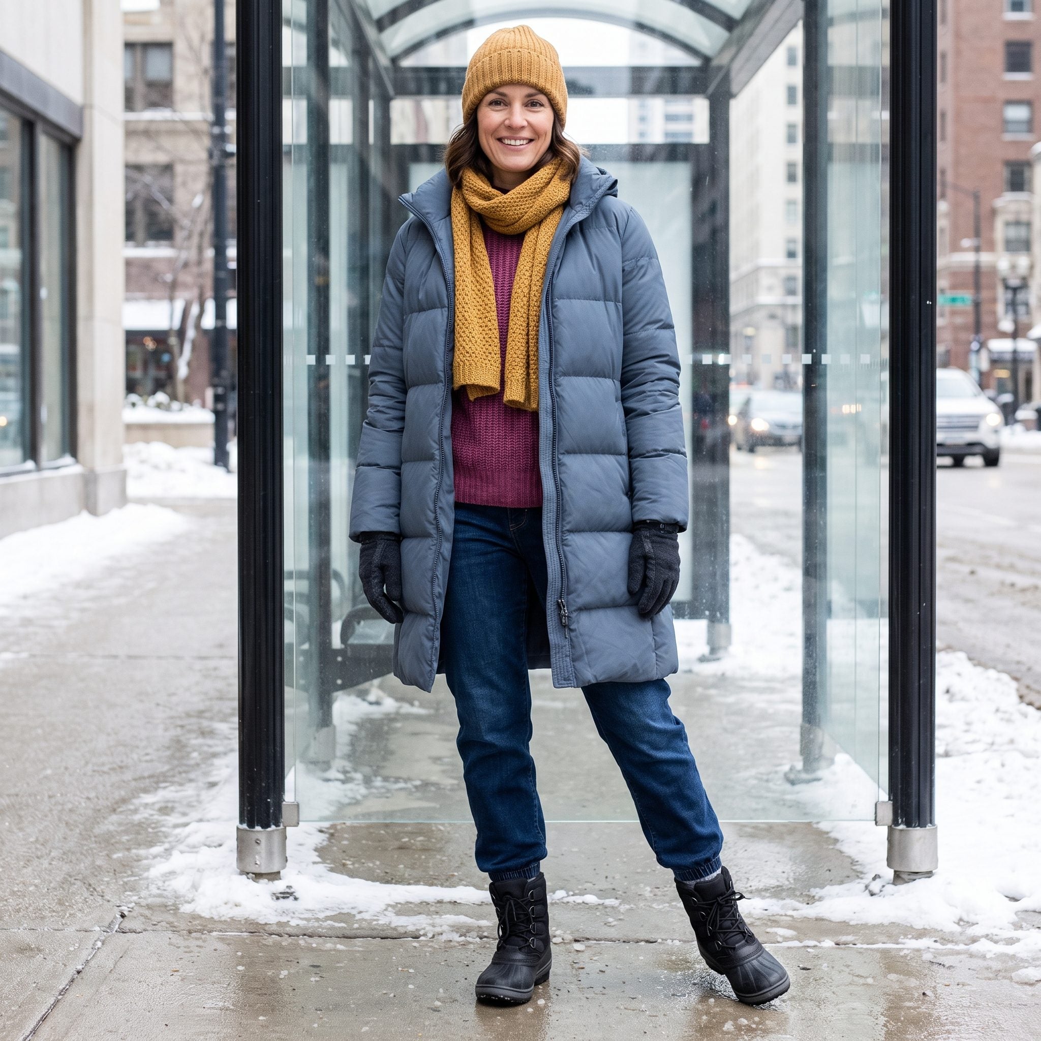 Winter outfit with relaxed tapered jeans, a slate-blue down coat, and mustard and berry accents