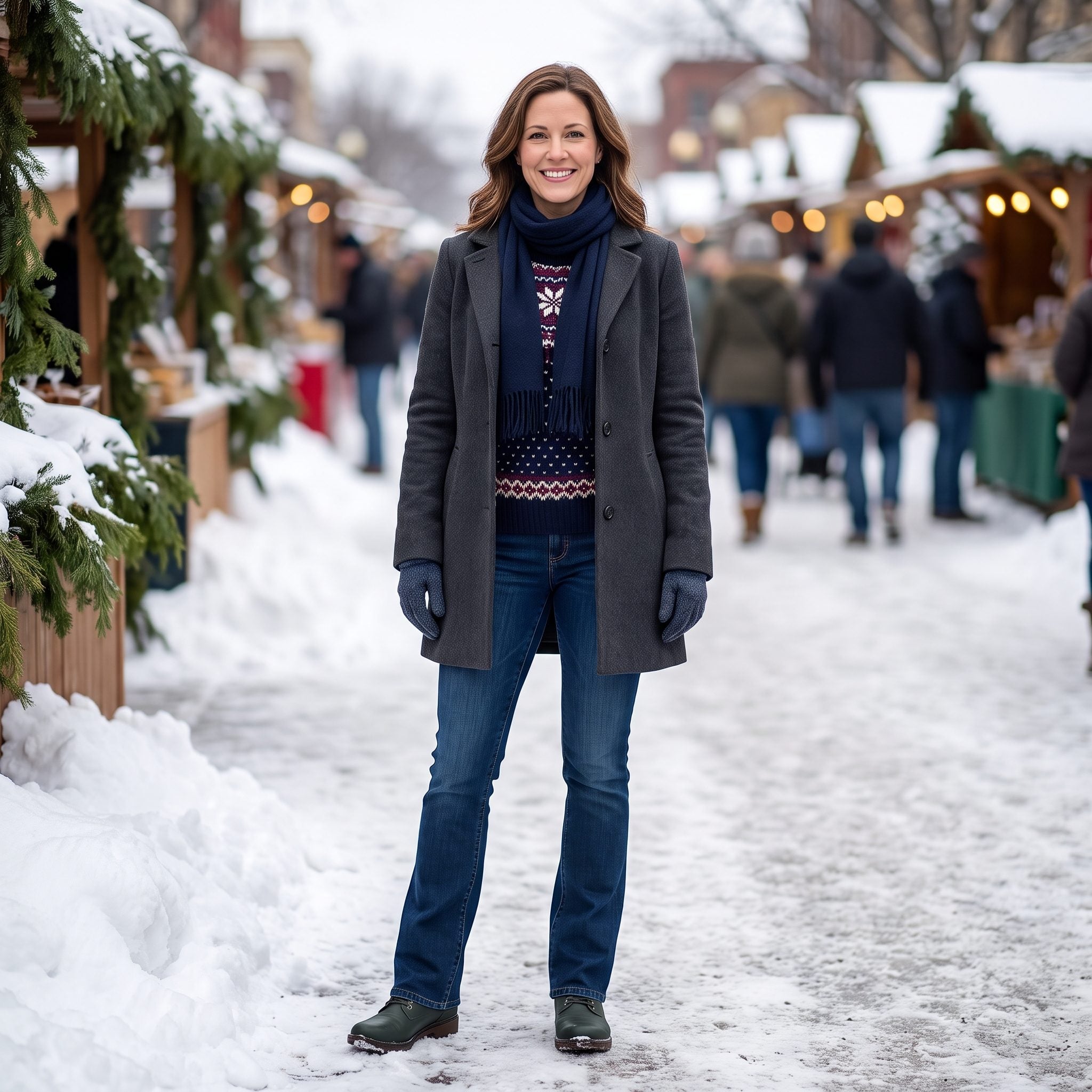 Winter outfit with slim bootcut jeans, a Fair-Isle sweater, and dark-green boots