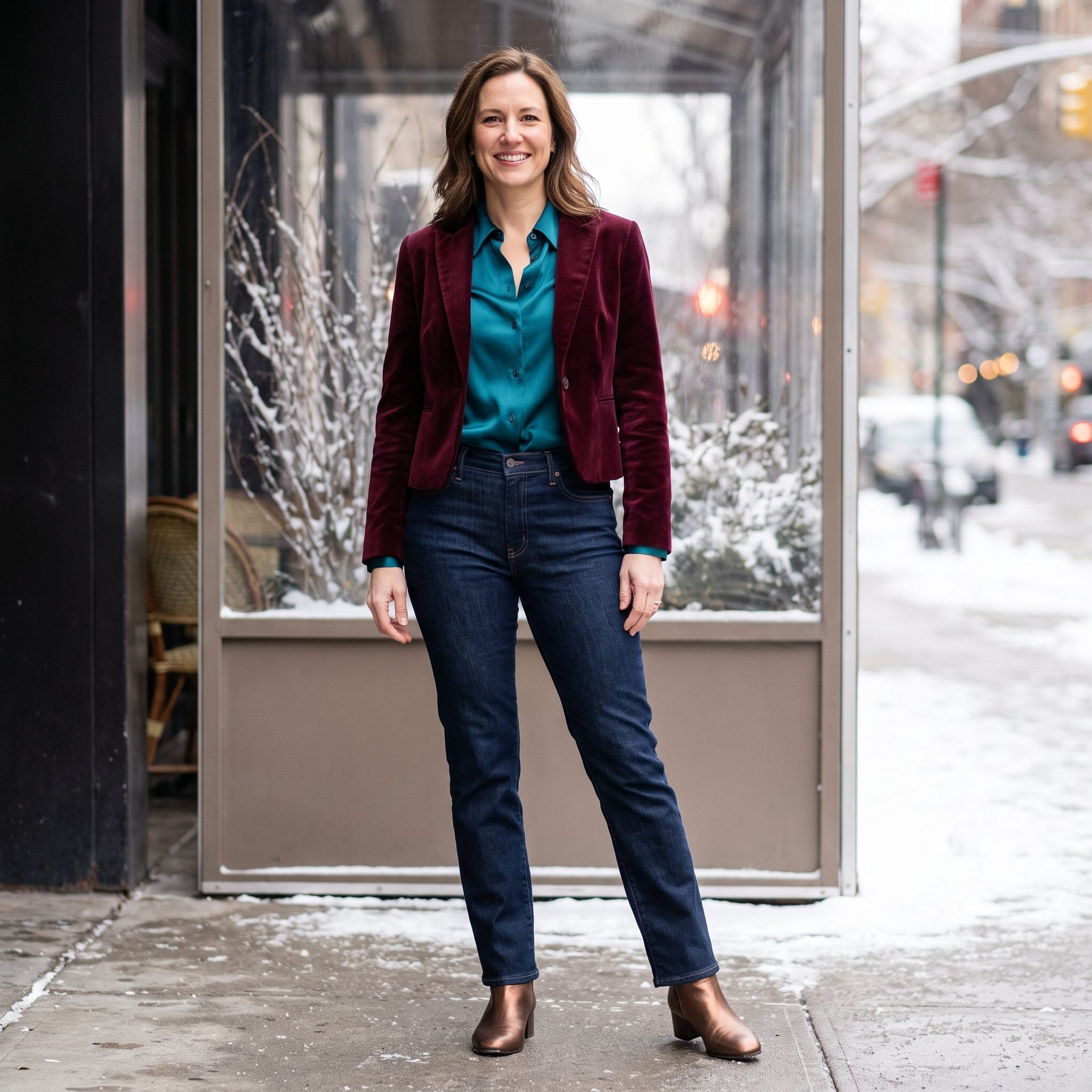 Winter evening outfit with tailored dark straight jeans, peacock satin, burgundy velvet, and bronze boots