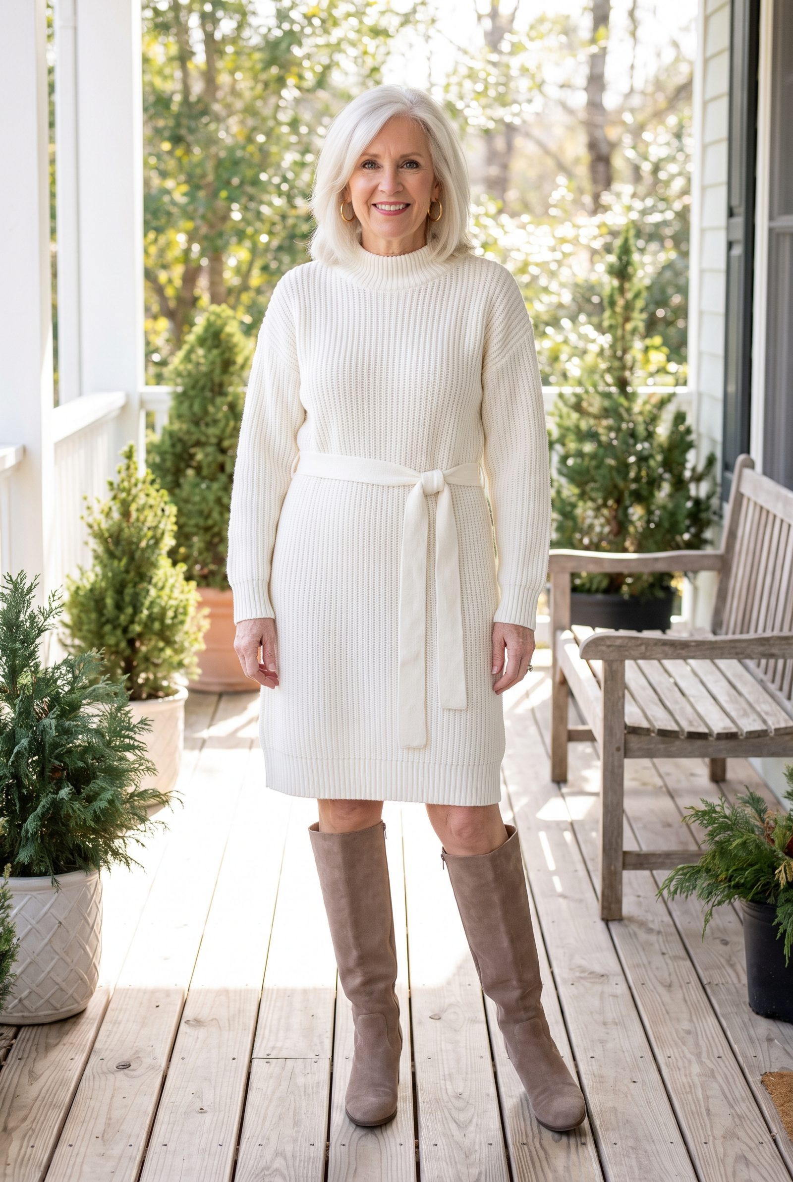 Winter-White Knit Dress With Tall Taupe Boots