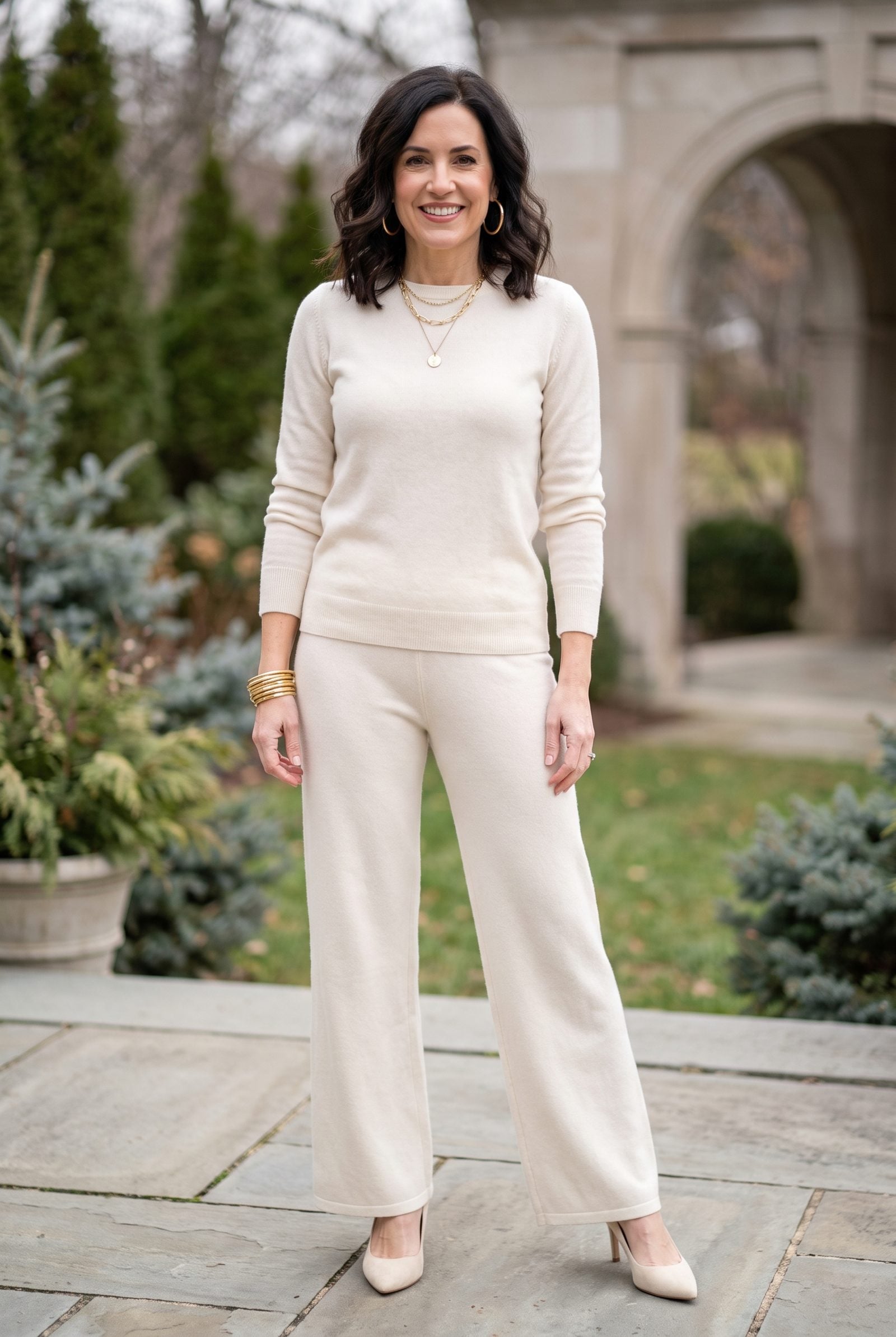 Winter-White Knit Set With Gold Jewelry