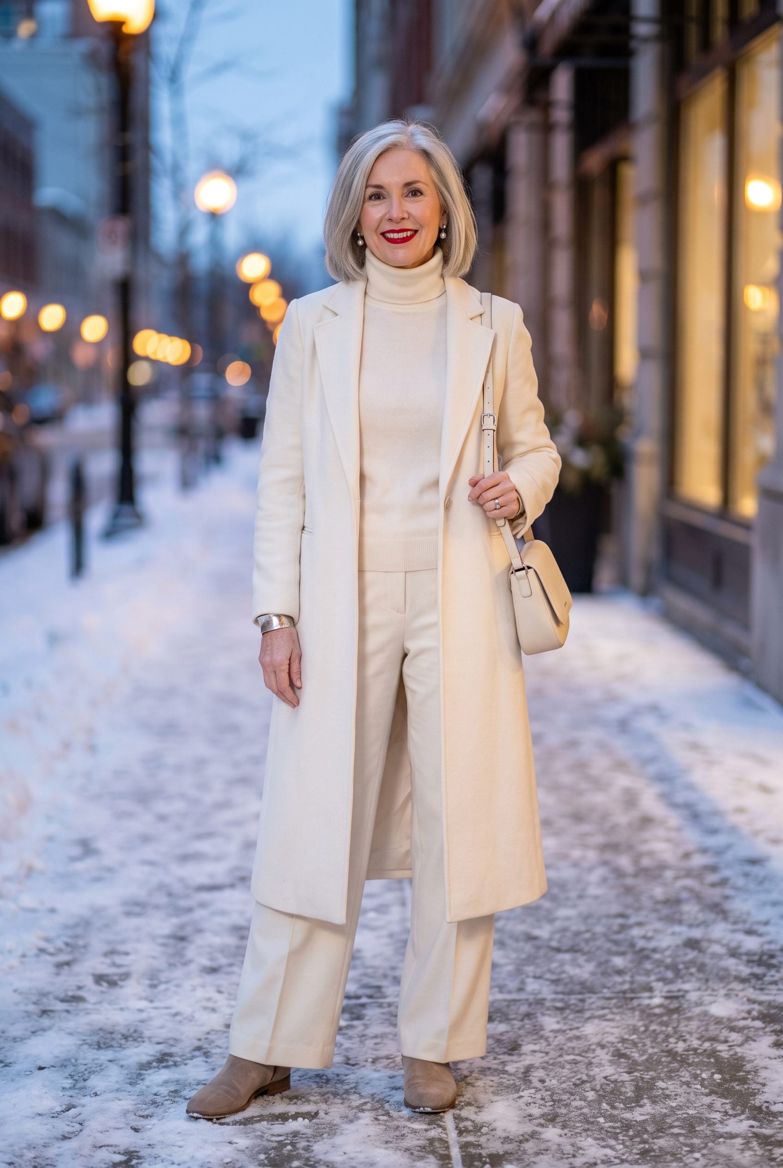 Winter-White Outfit with Scarlet Lipstick