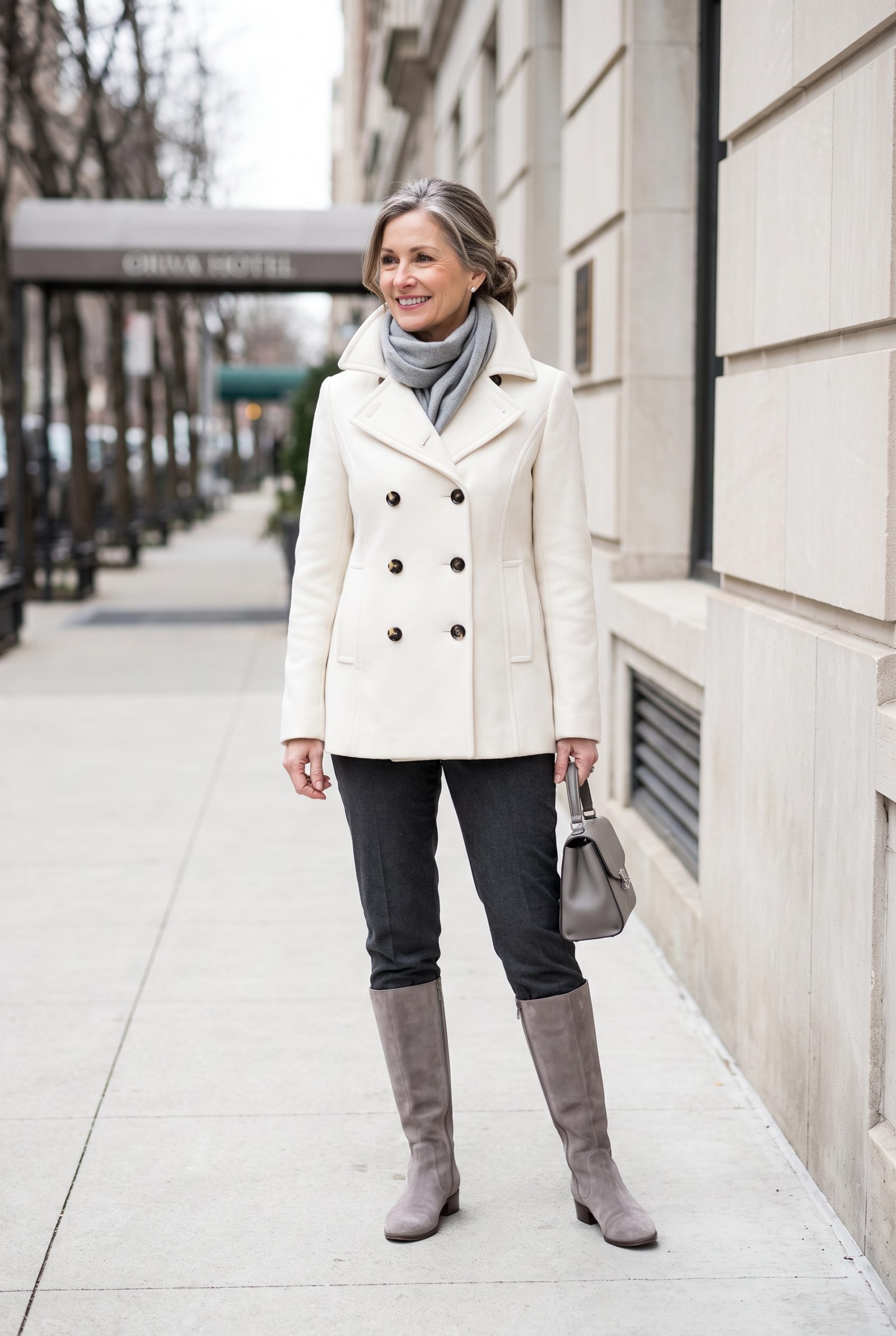 Winter-White Peacoat + Gray Knee-High Boots