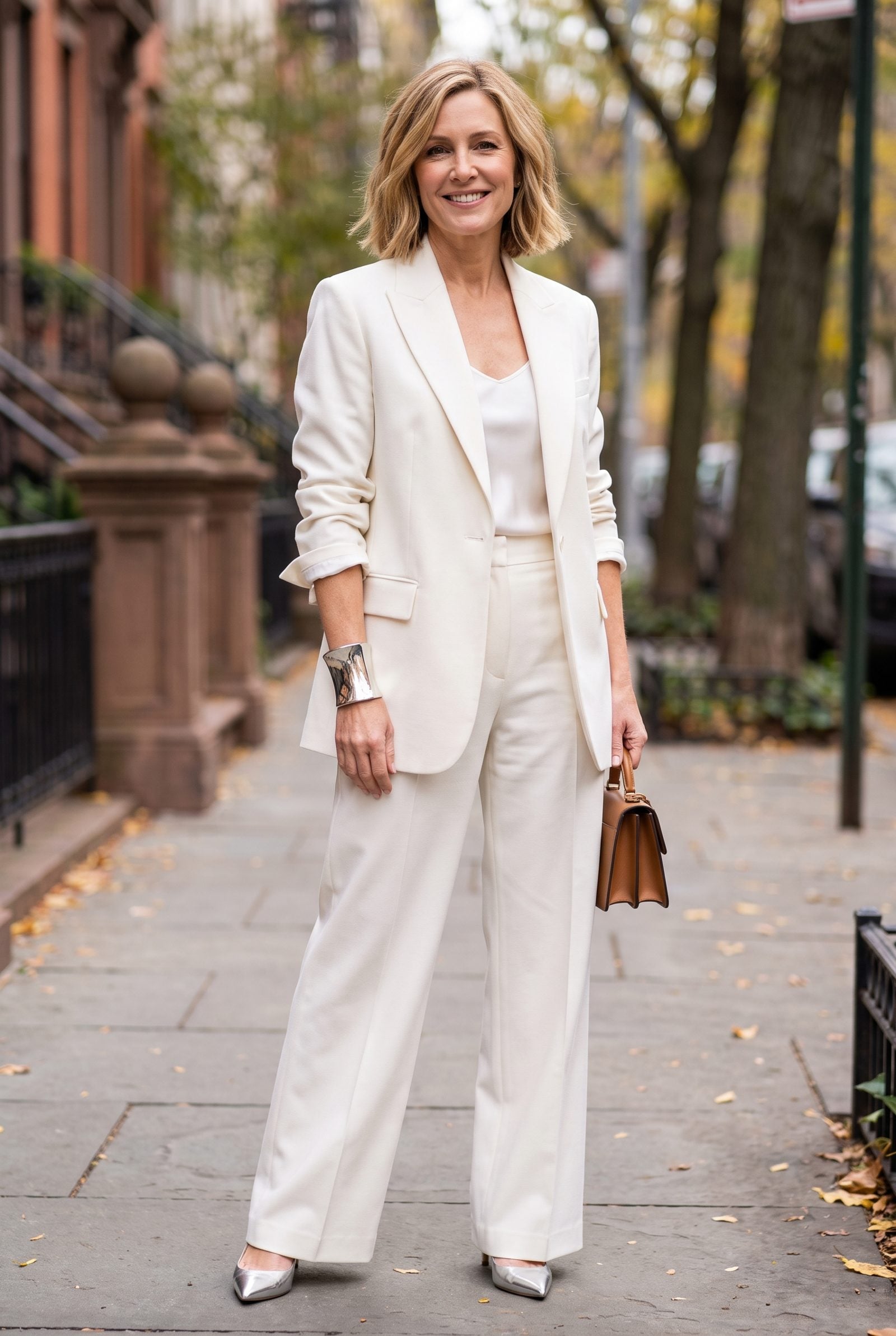 Winter-White Trouser Suit With Sculptural Silver Cuffs