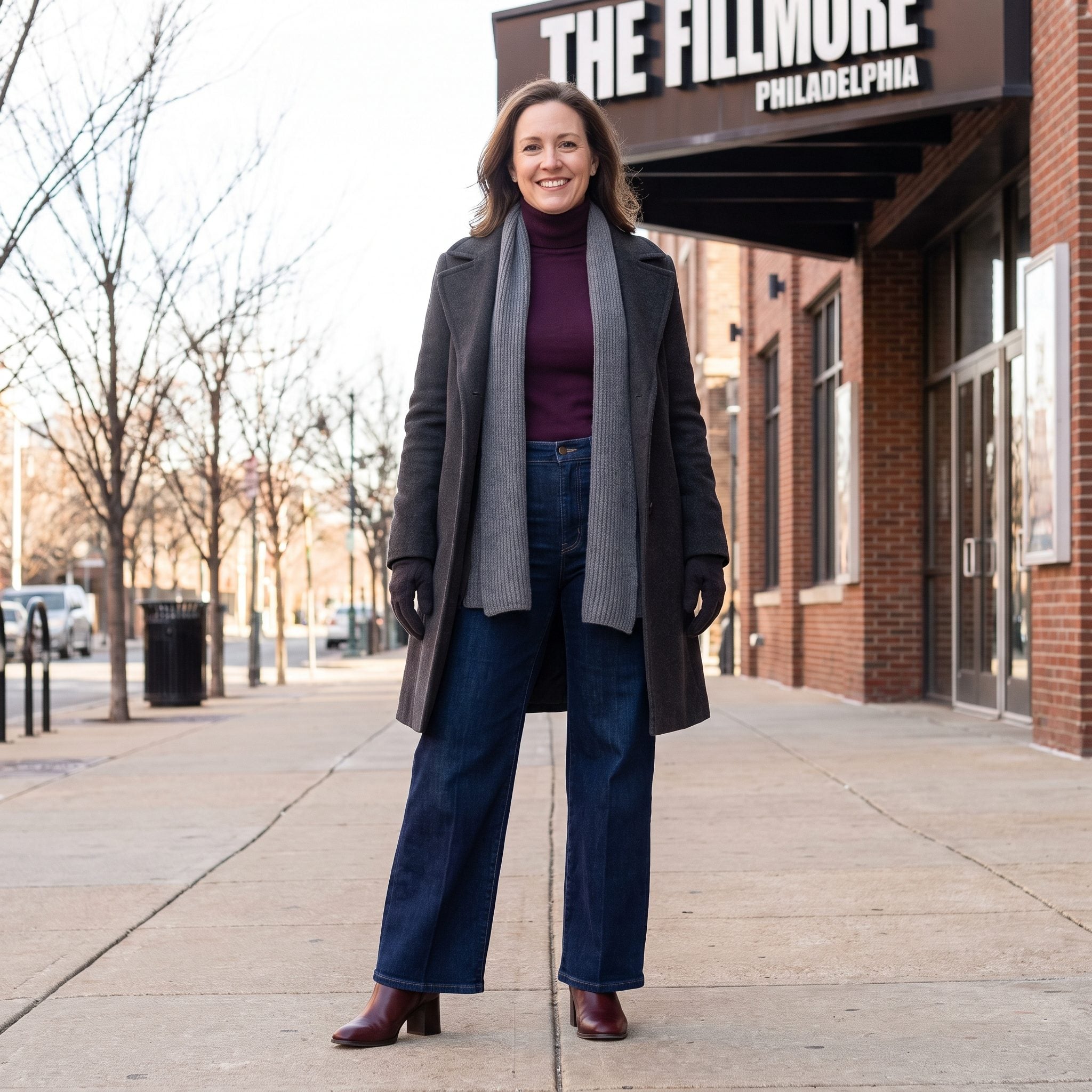 Winter evening outfit with wide-leg trouser jeans, a charcoal wool coat, and plum knitwear