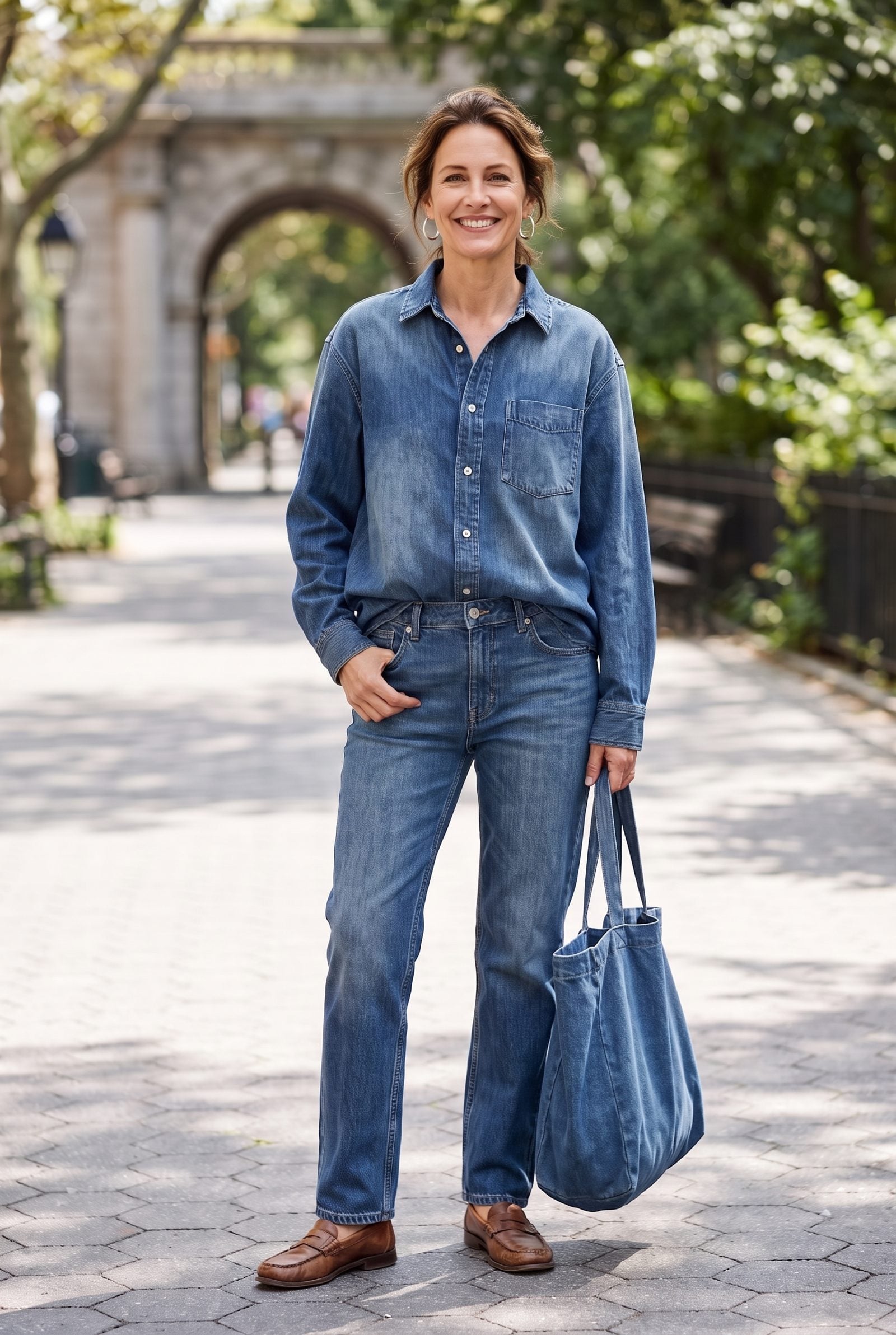 Woman in a denim shirt tucked into same-wash jeans with no belt, the matching blue creating one undefined column with no