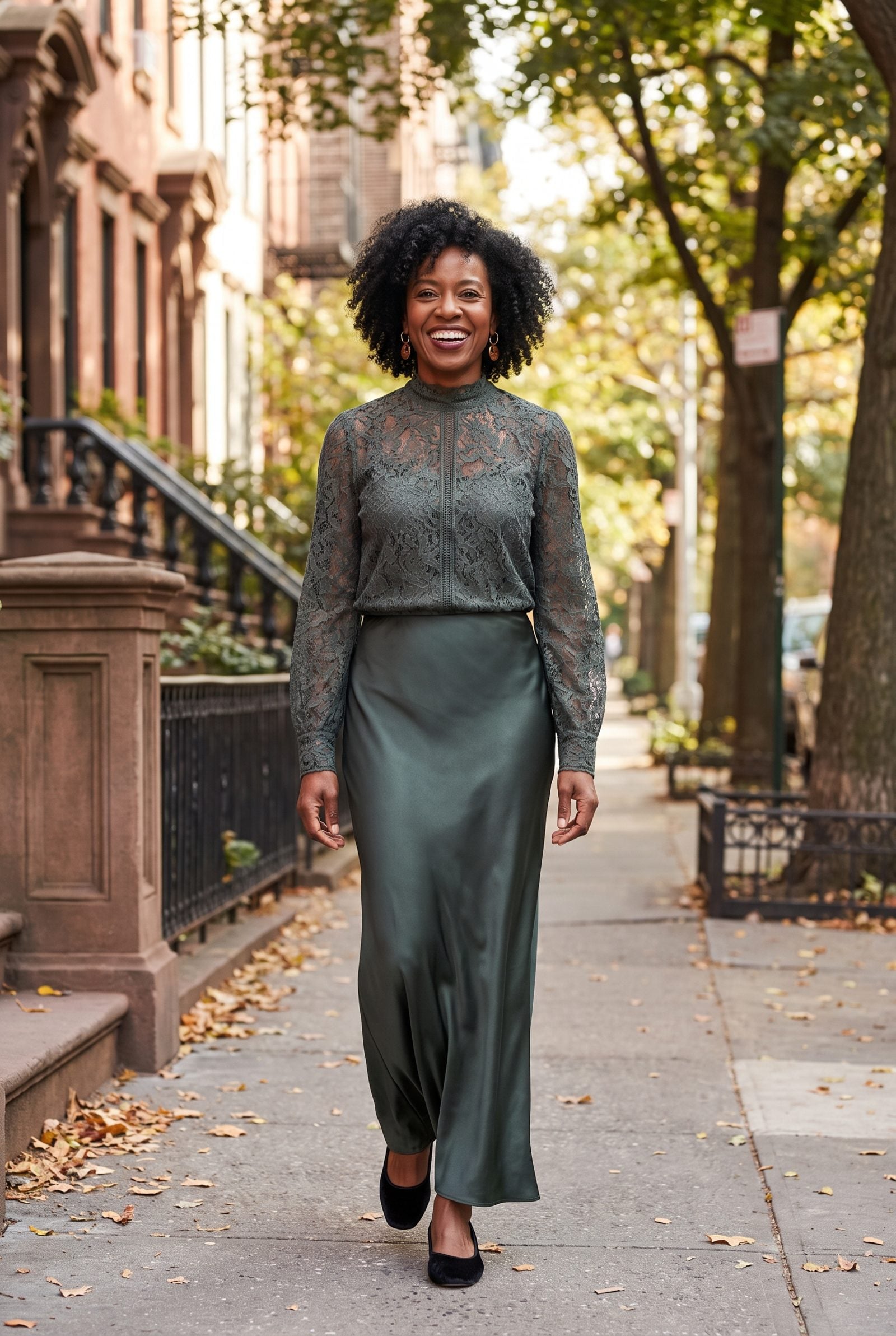 Woodland-Green Lace Blouse With a Satin Maxi Skirt