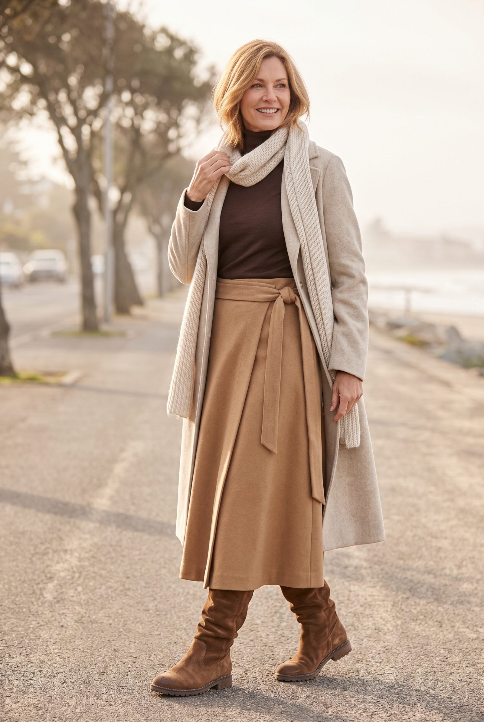 Wool Wrap Skirt With Slouchy Suede Boots