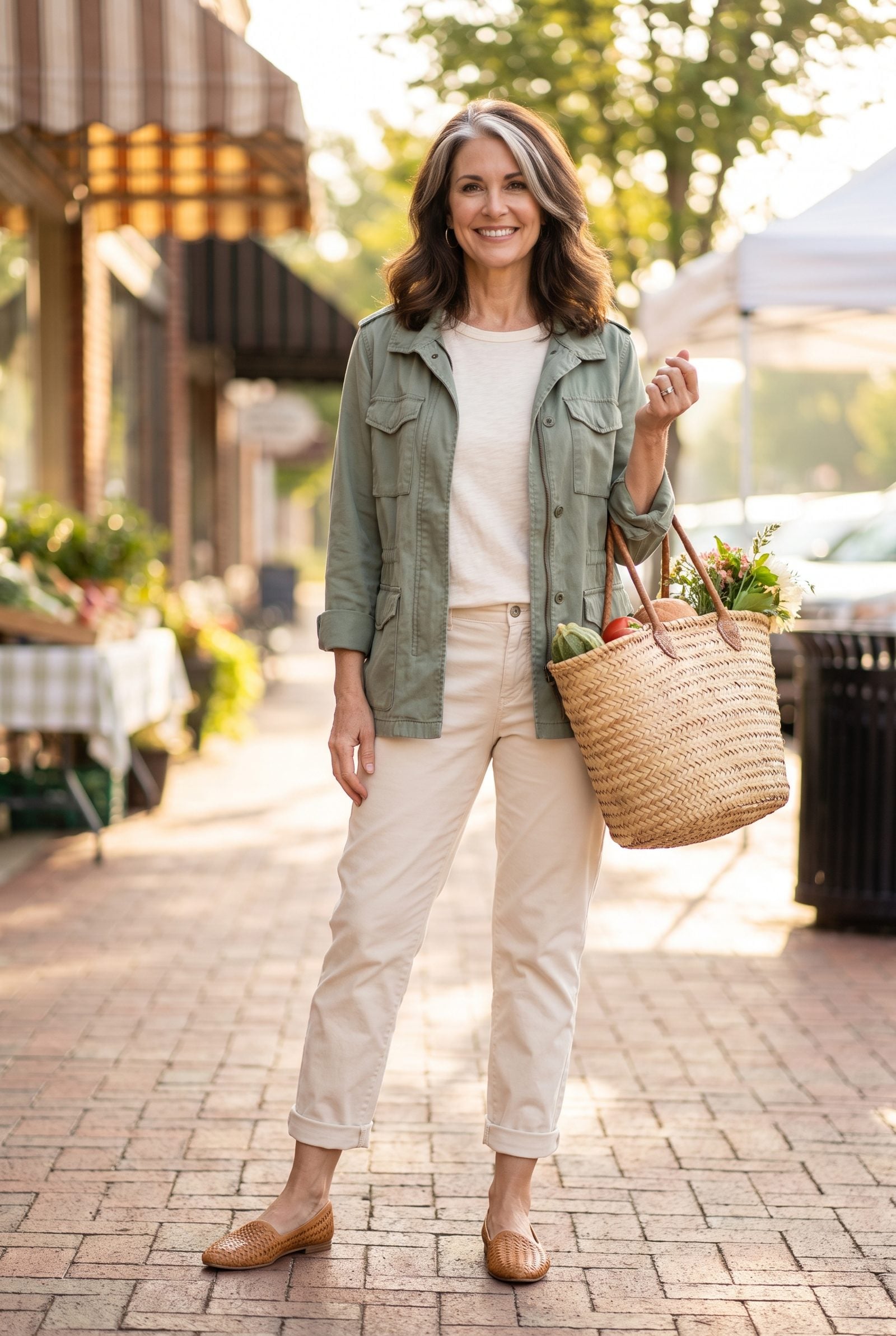 Woven Leather Flats, a Sage Utility Jacket and Cream Chinos for the Farmers Market