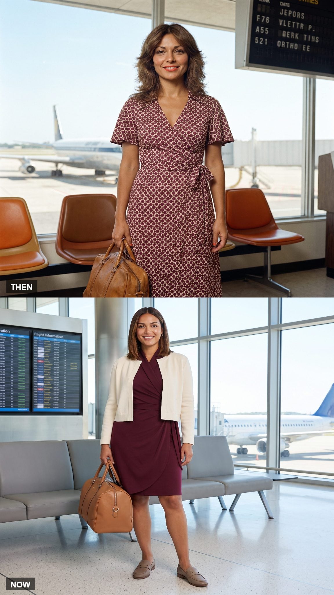 Vintage printed wrap dress compared with a modern jersey wrap dress and cropped jacket