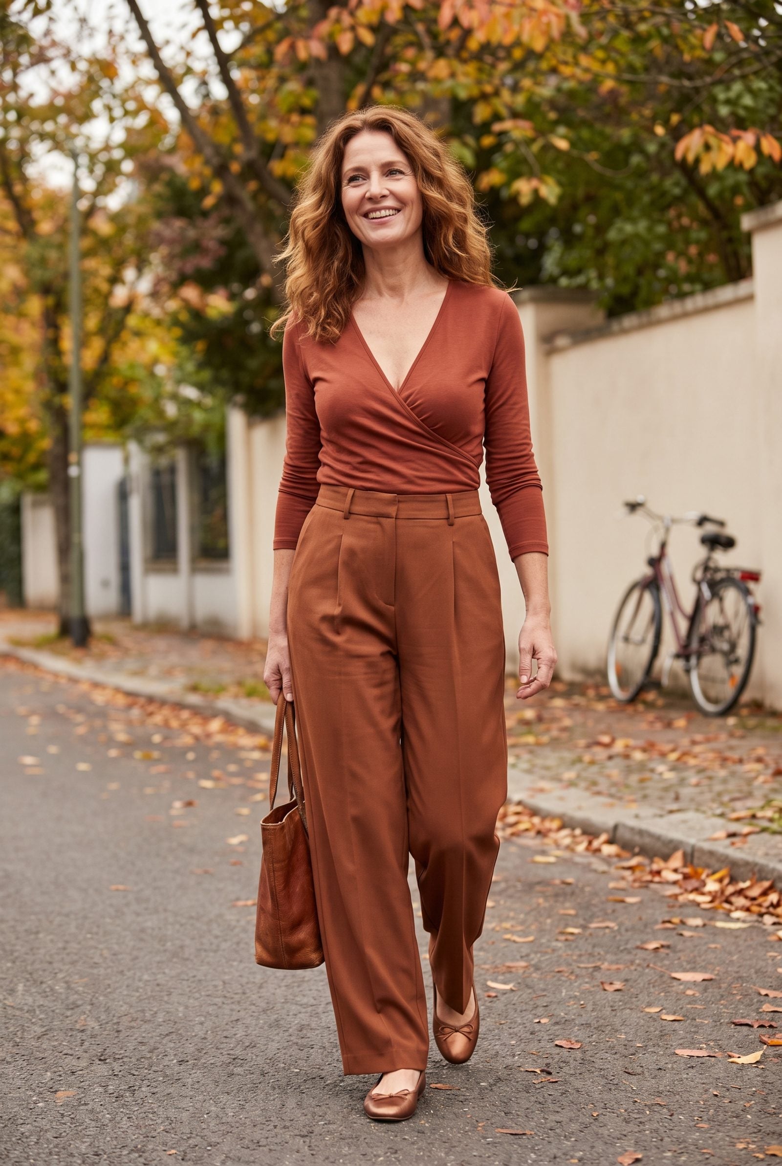 Wrap Top and High-Rise Pleated Trousers With Ballet Flats