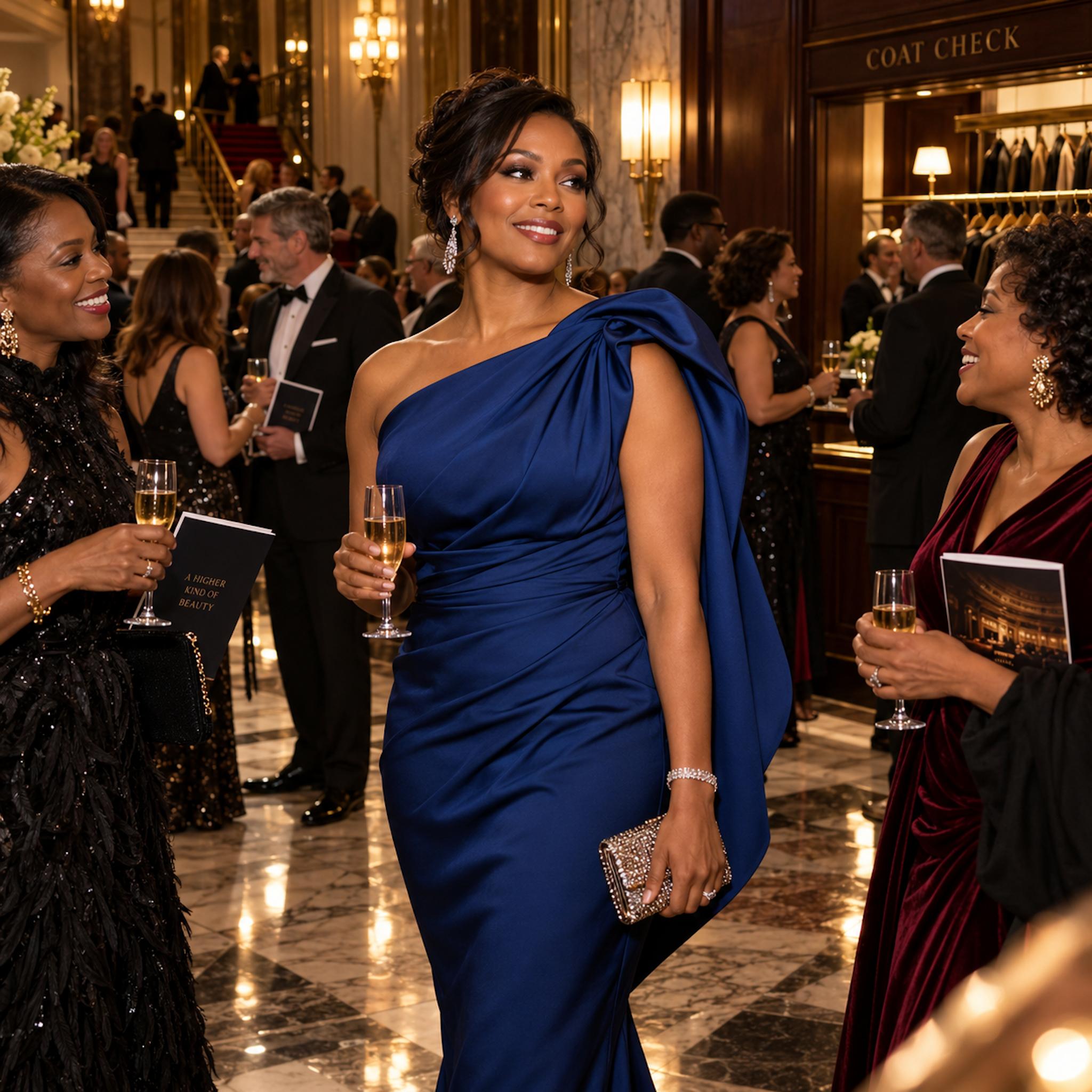 Black woman in a sapphire one-shoulder cocktail dress with friends during theater intermission