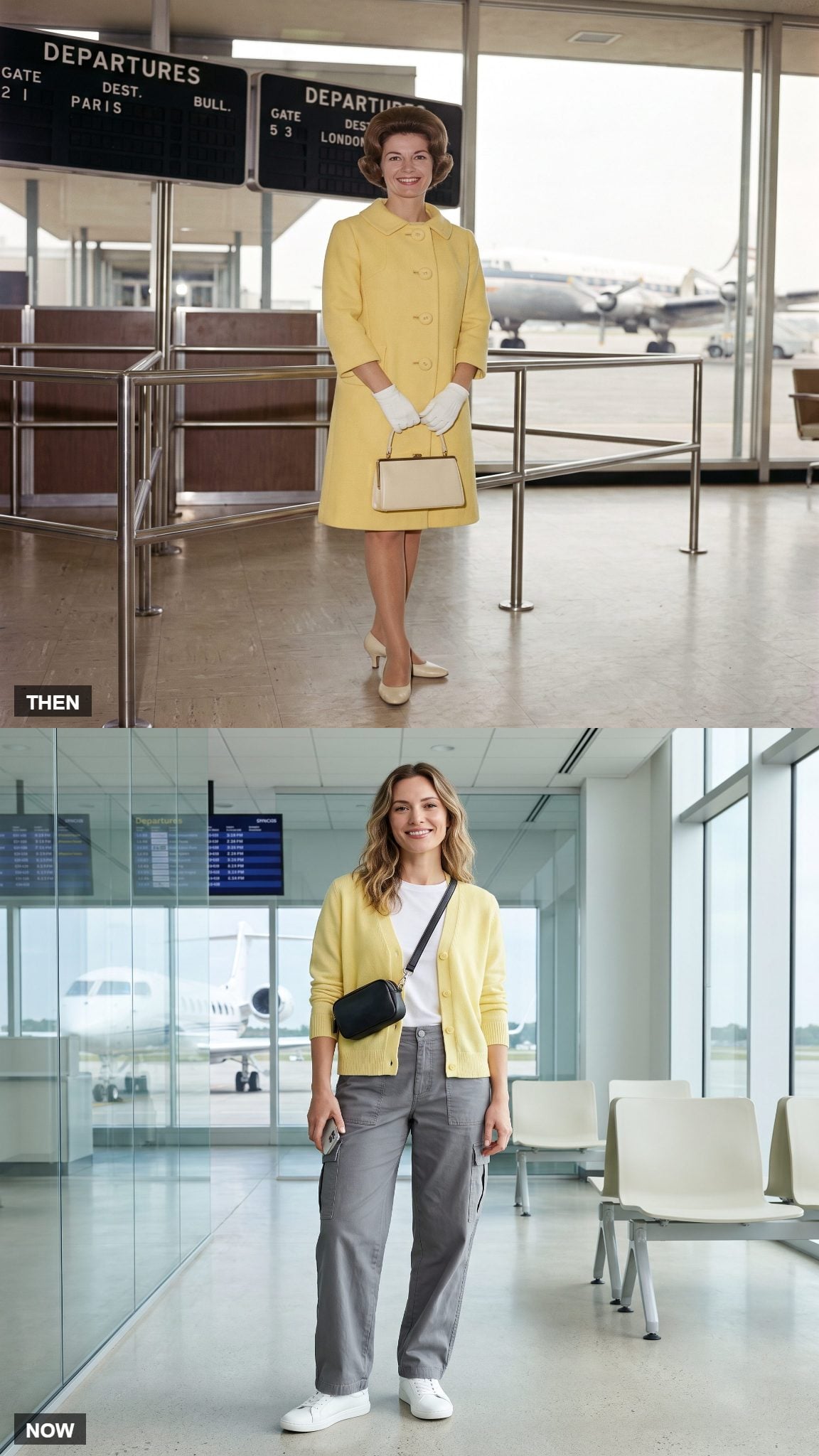 Vintage lemon-yellow coatdress compared with a modern yellow cardigan and gray trousers